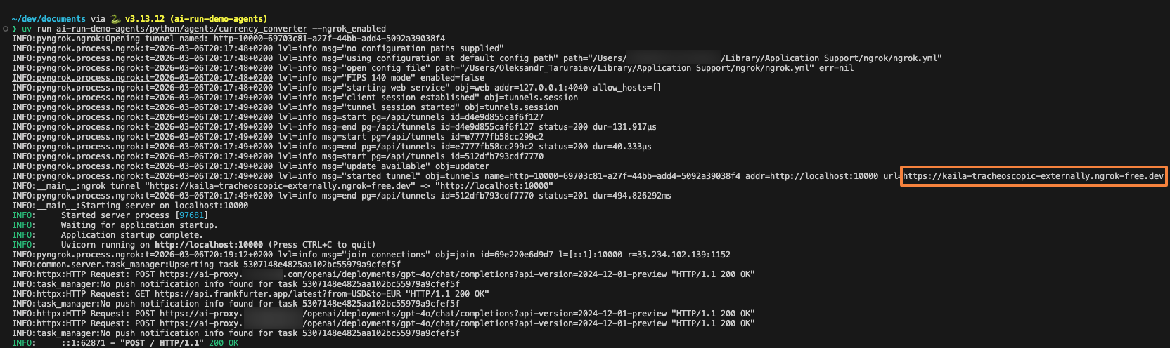 Agent running with ngrok