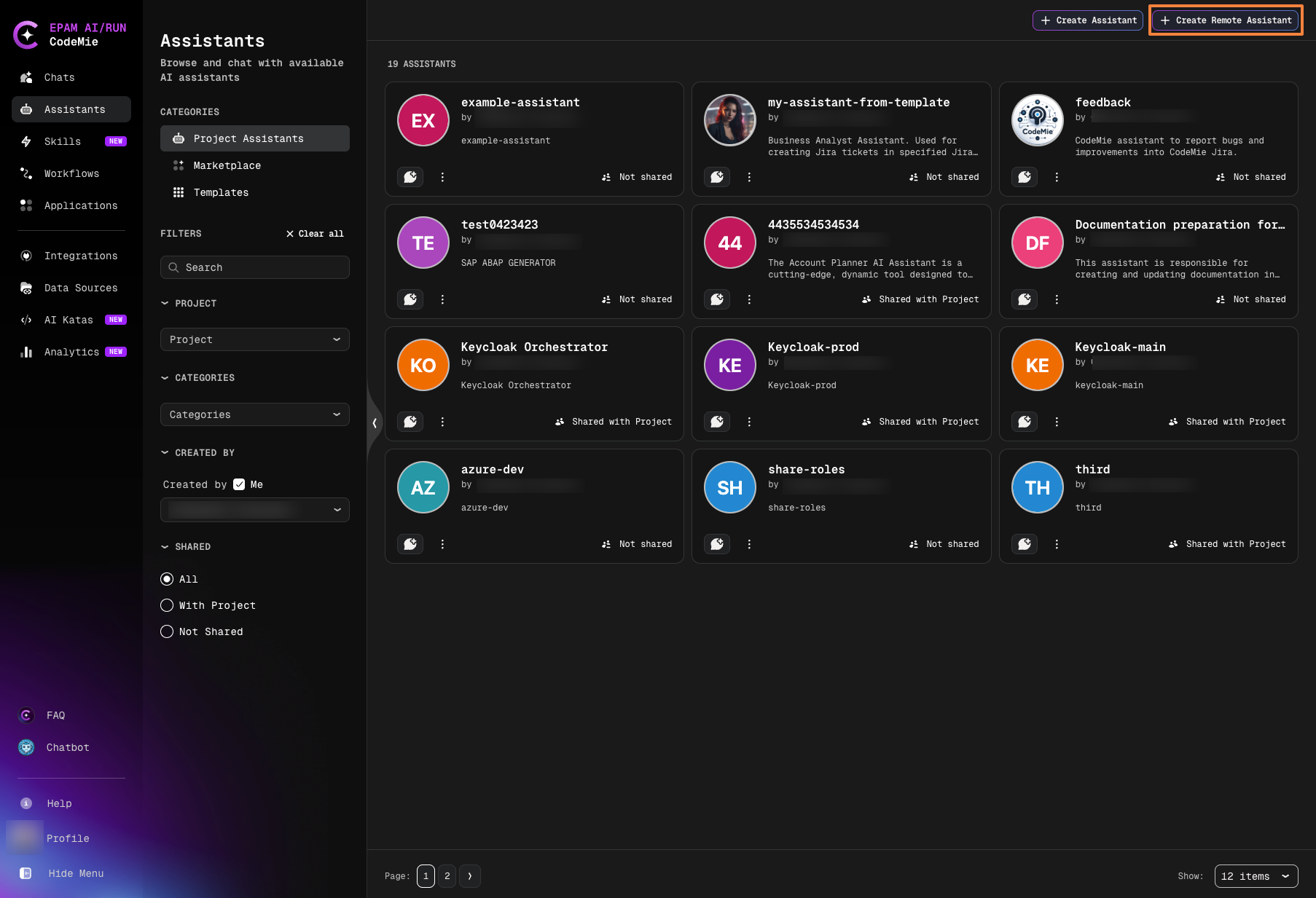 Assistants list with Create Remote Assistant button