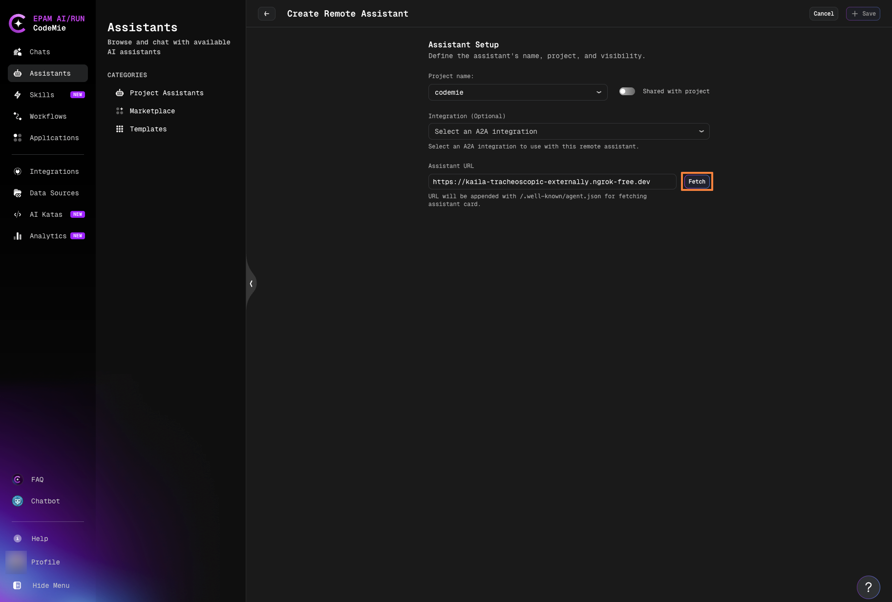 Create Remote Assistant form