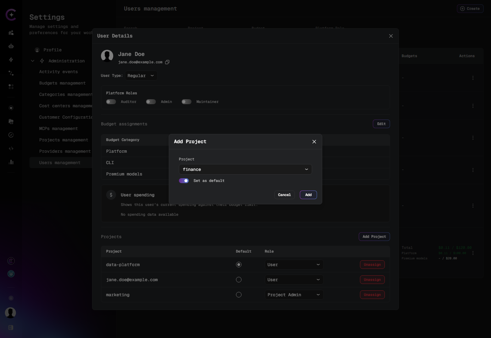 Add Project dialog with a project selected and the Set as default switch turned on