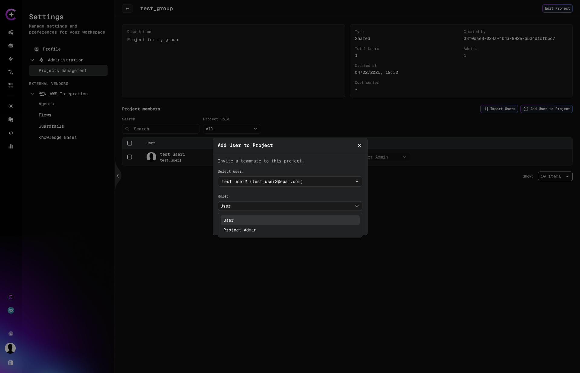 Add User to Project — role selection