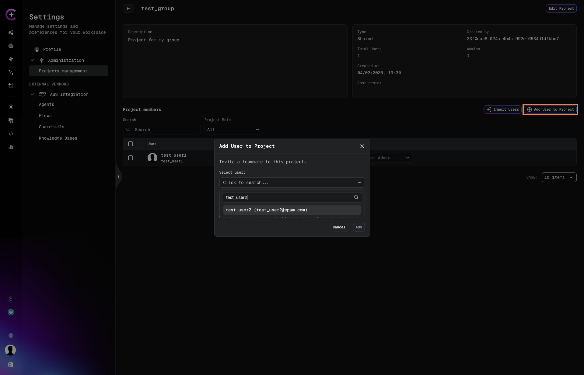 Add User to Project — user search