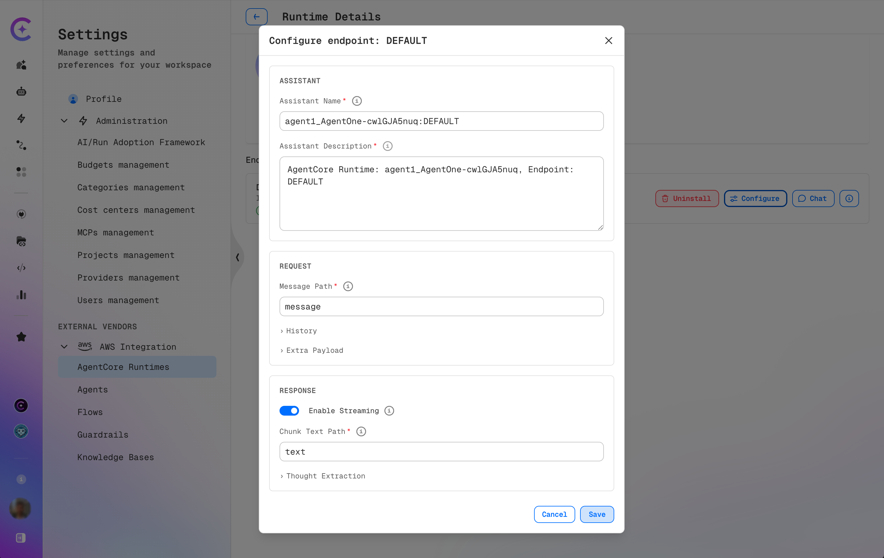Configure endpoint dialog