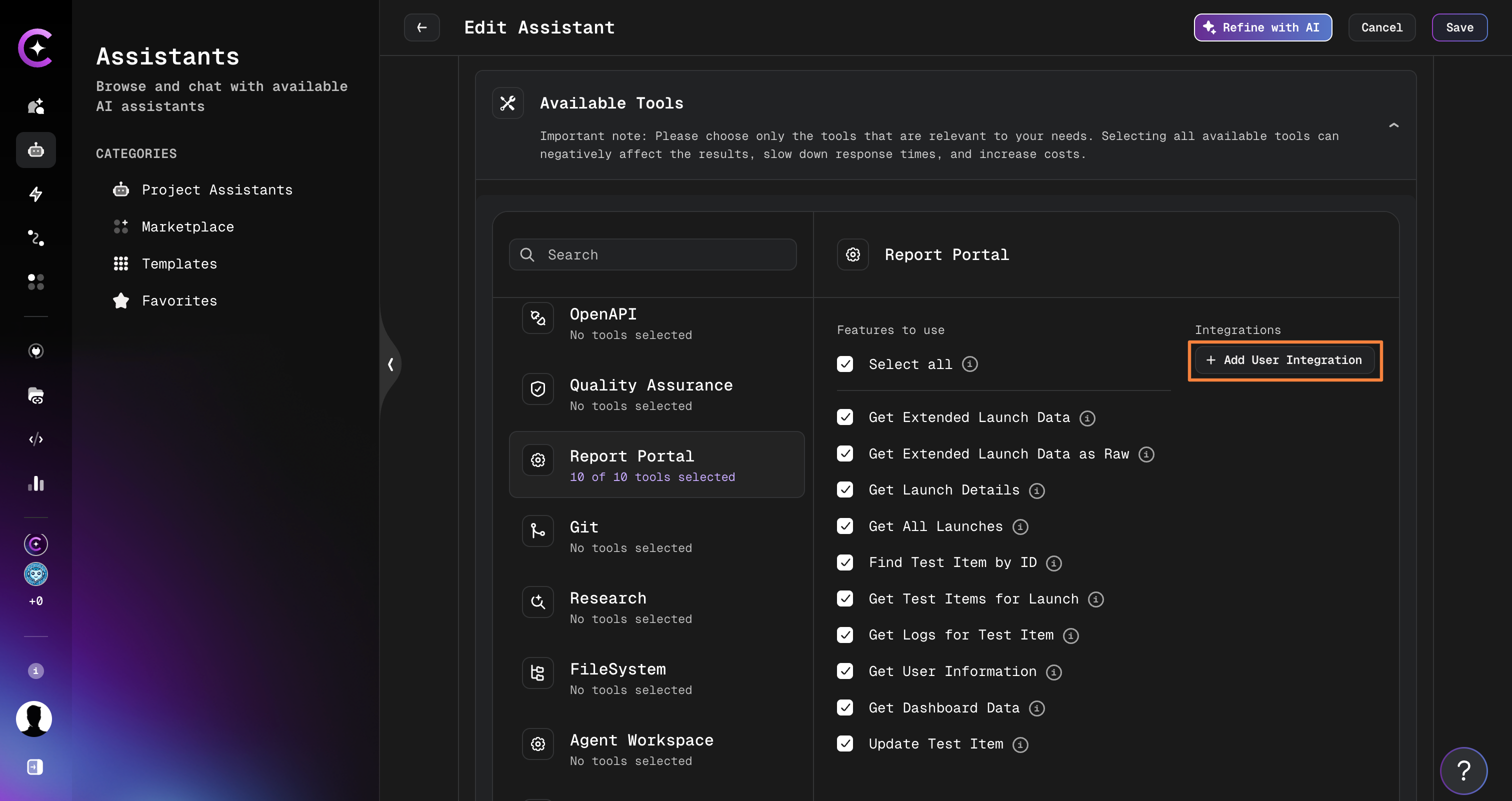 Add user integration from assistant page