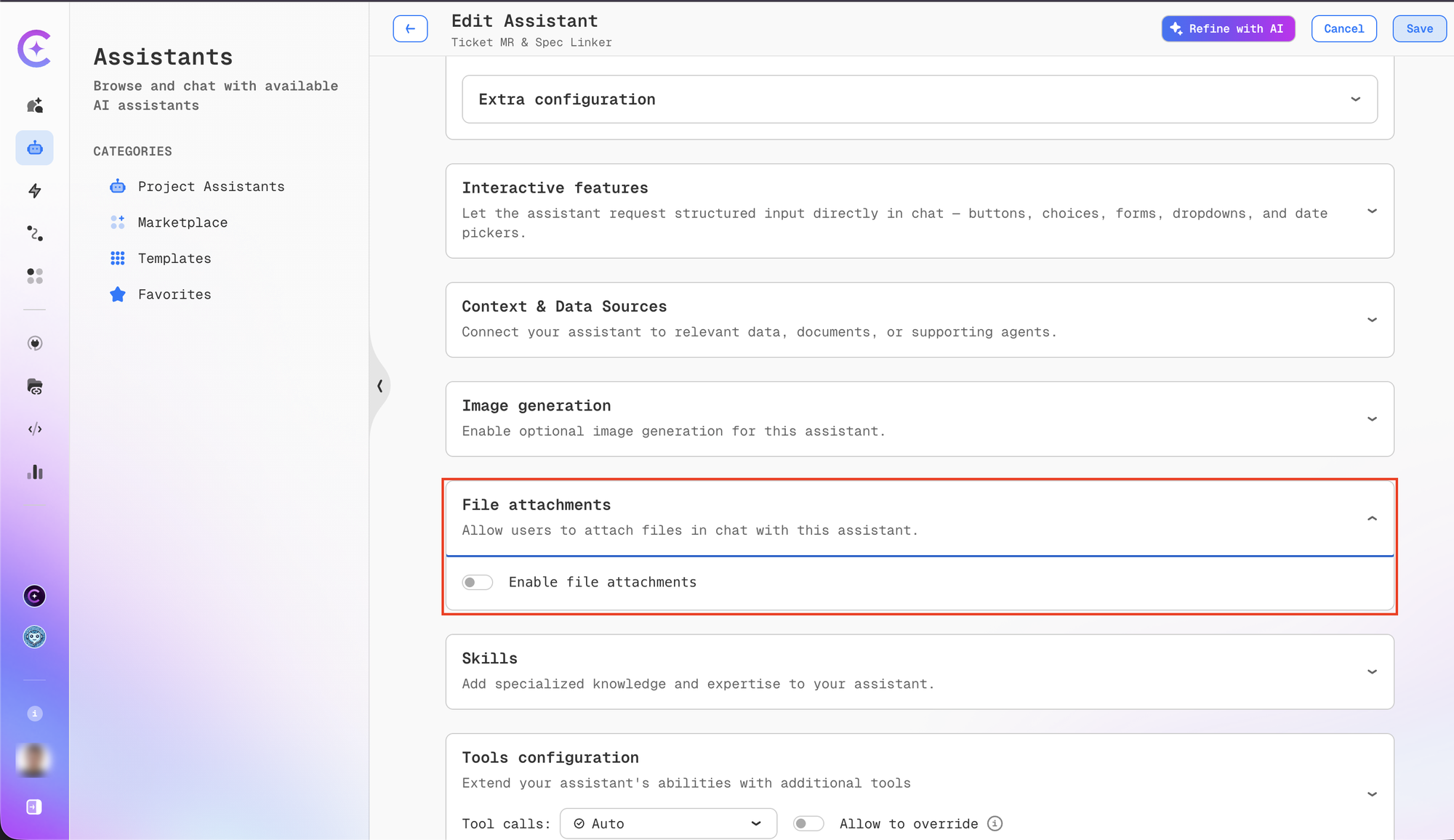 File attachments toggle in the assistant configuration form