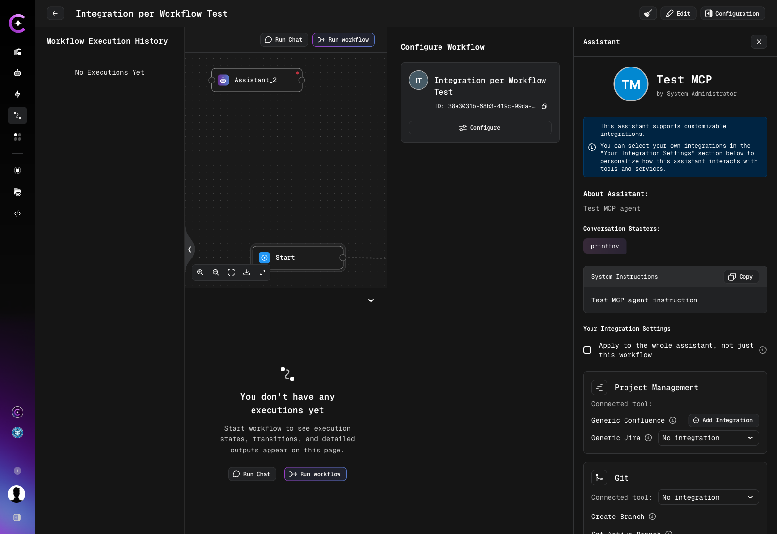 The assistant panel opened from a workflow, showing the Your Integration Settings section with the scope checkbox and the integration dropdowns