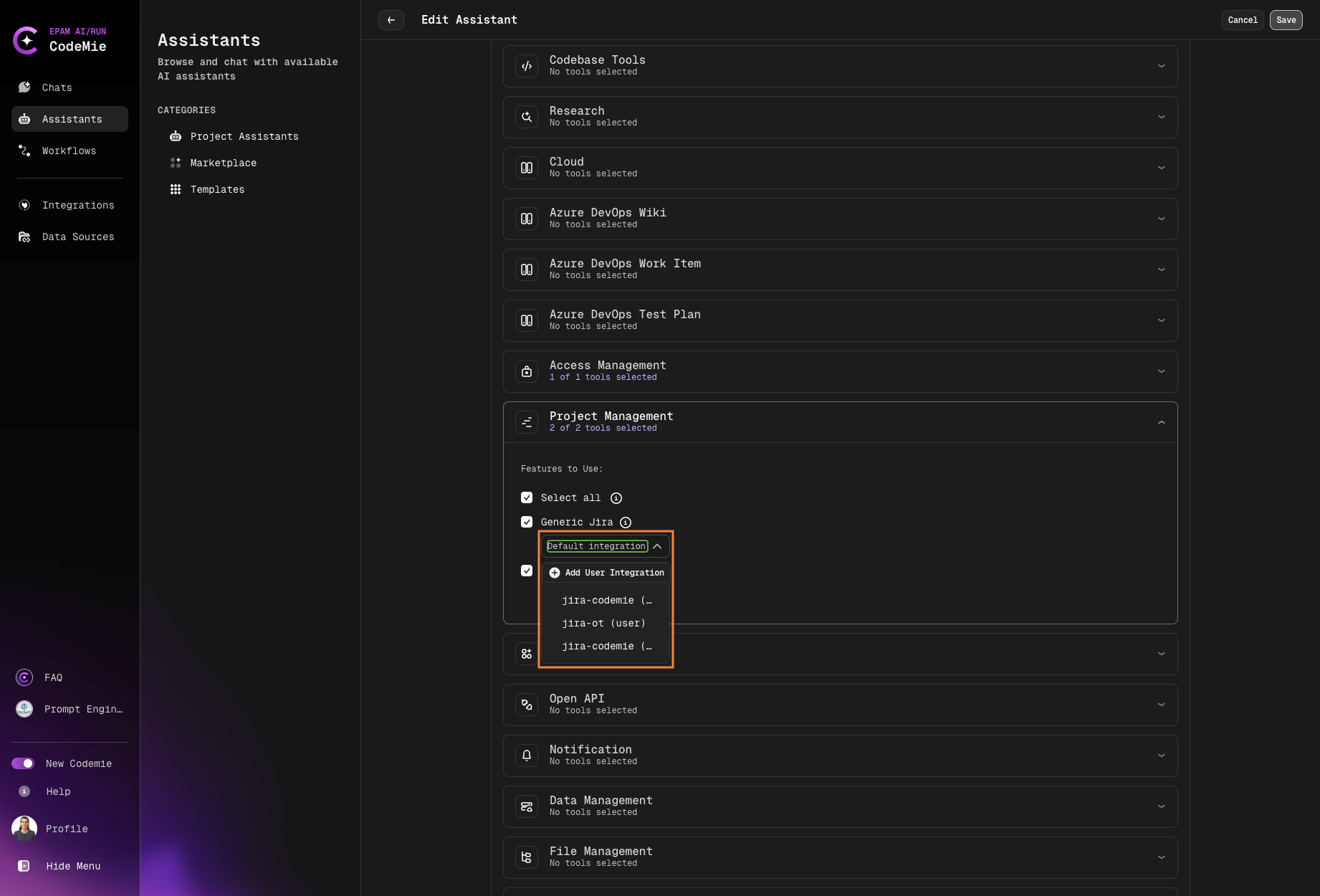 Selecting specific integration