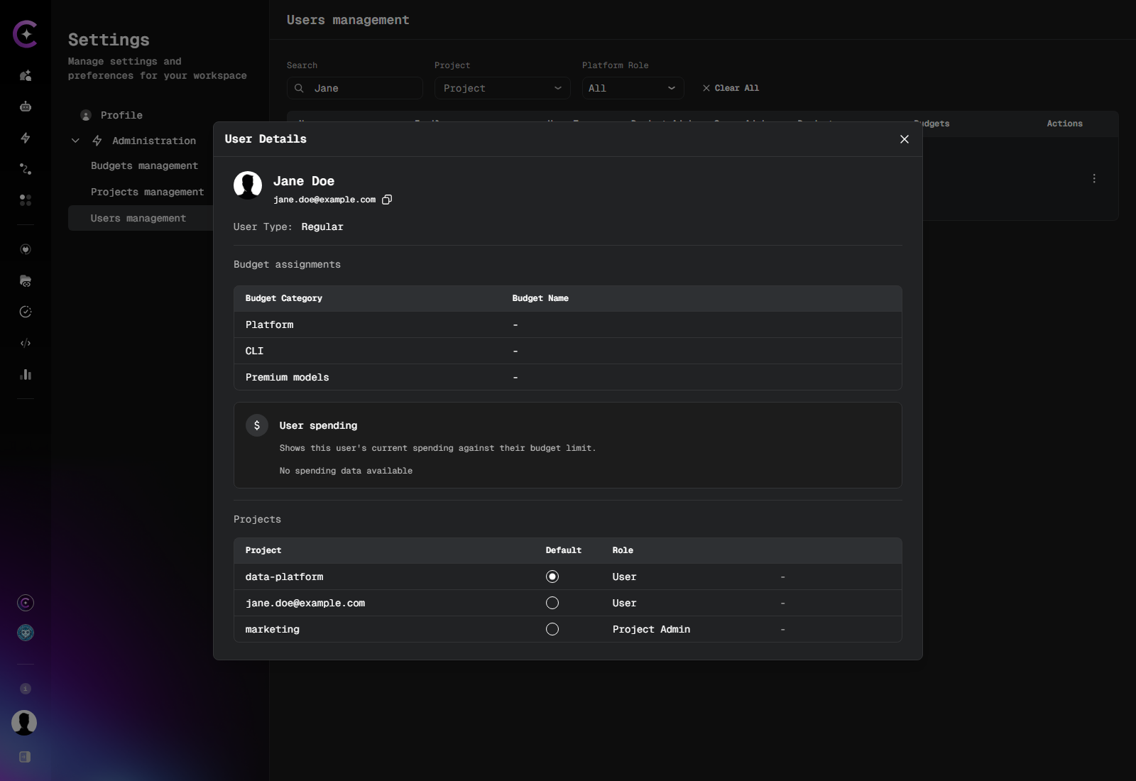 User Details panel as seen by an Auditor — read-only, no Platform Roles block or edit controls