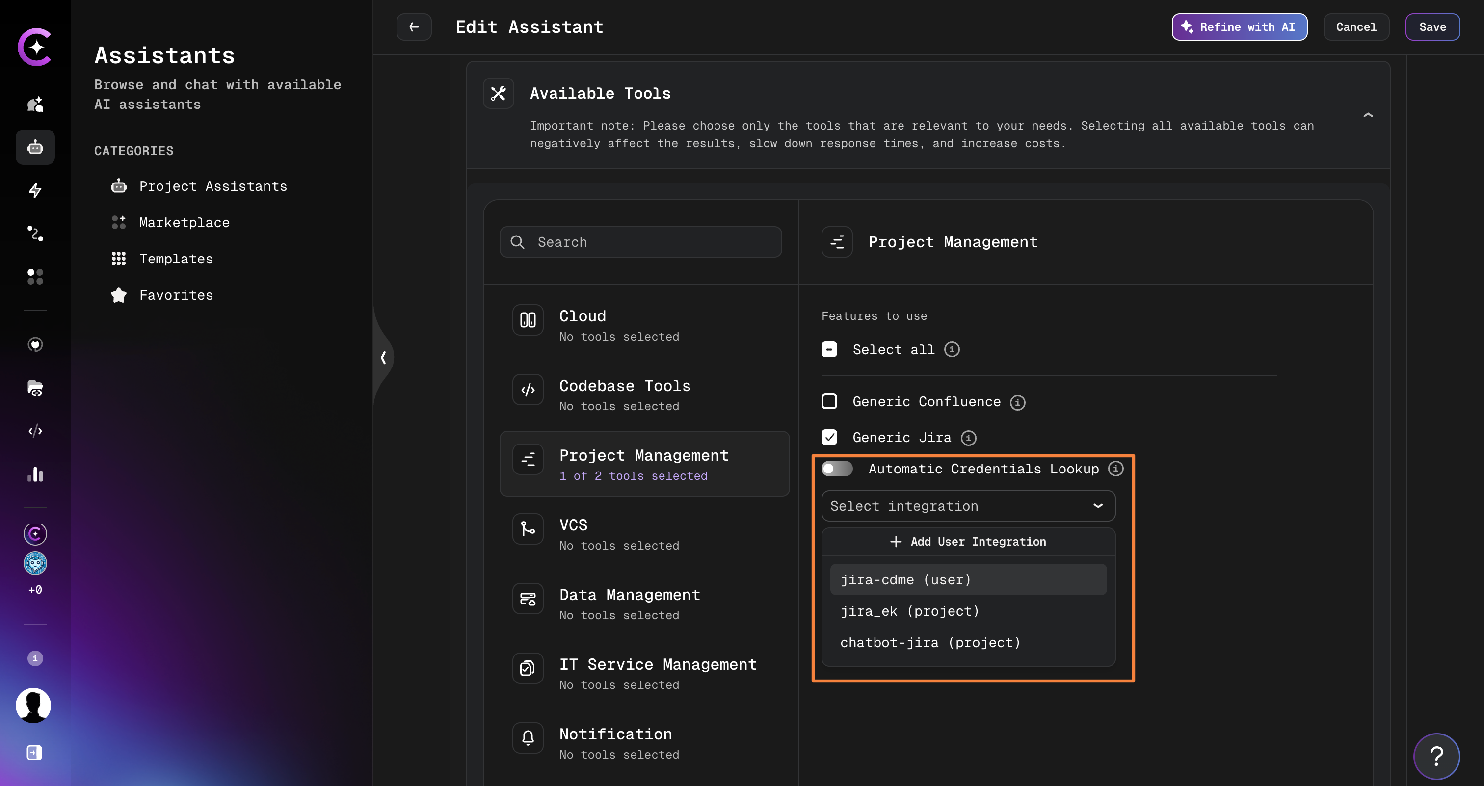 Automatic Credentials Lookup toggle disabled with integration dropdown