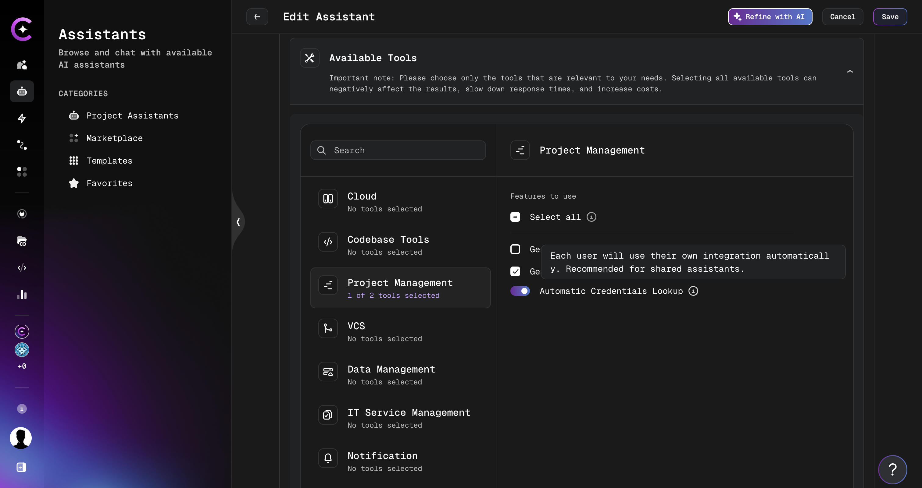 Automatic Credentials Lookup toggle enabled