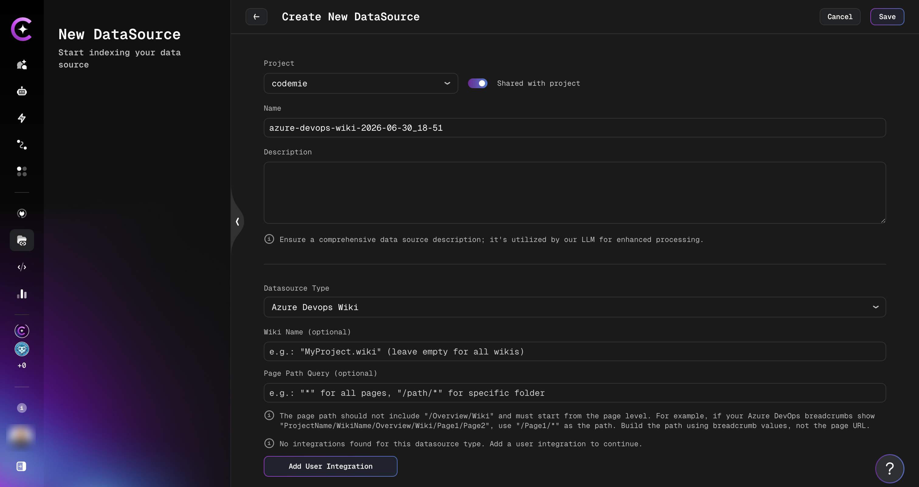 Azure DevOps Wiki Data Source Form