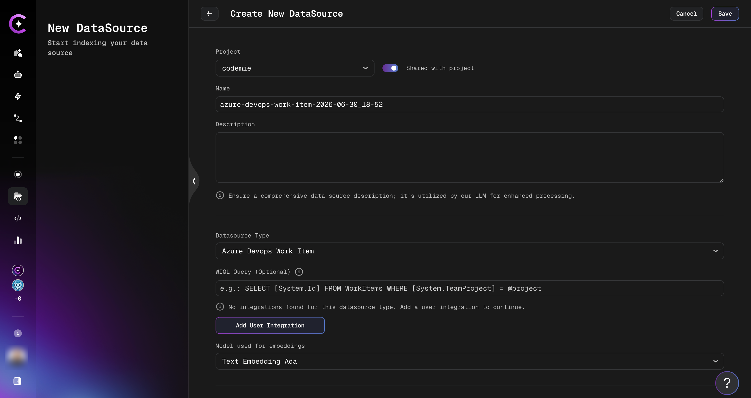 Azure DevOps Work Items Data Source Form