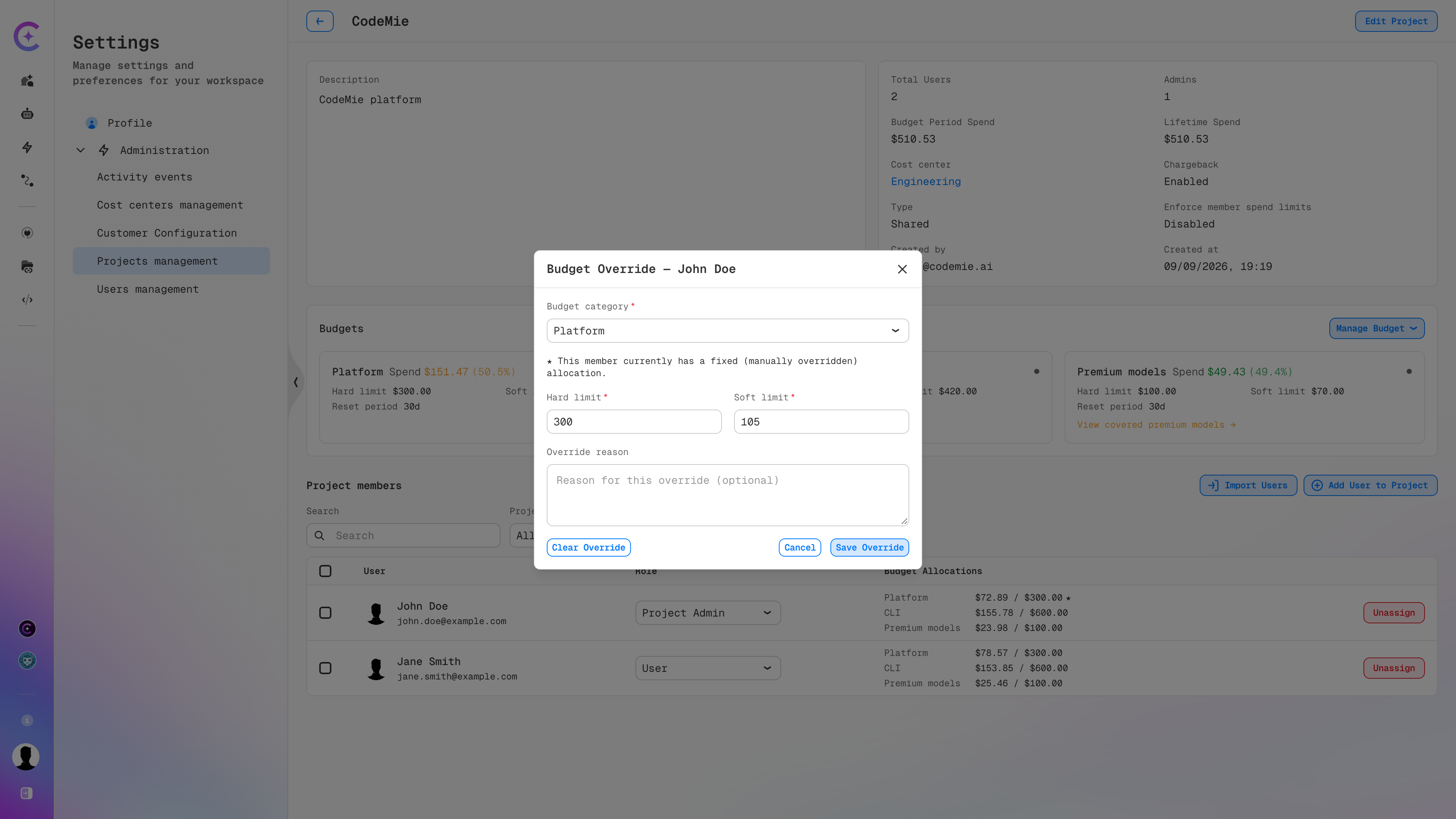 Budget Override dialog for a project member