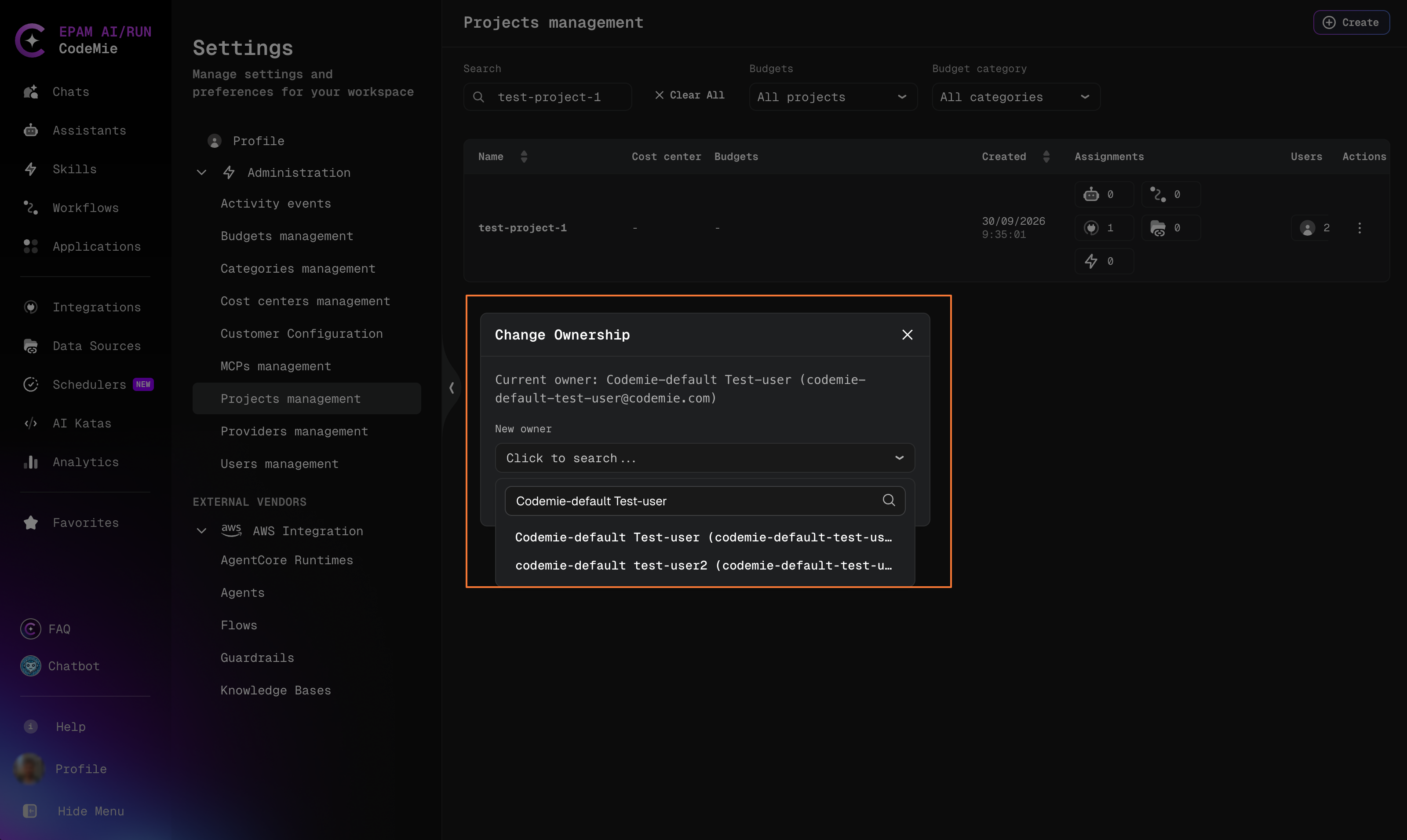 Change Ownership dialog with new owner search open