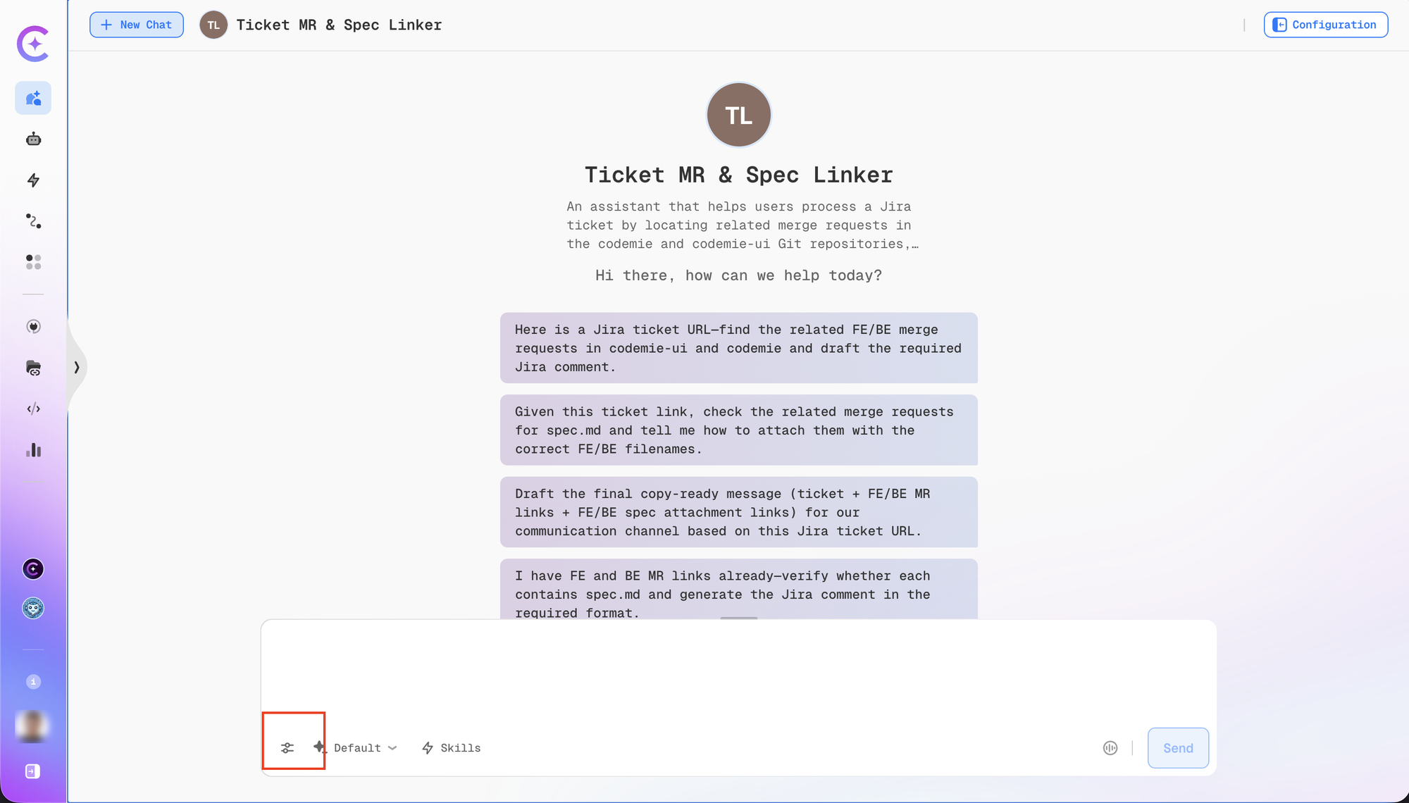 Chat input toolbar without the file attachment icon when disabled