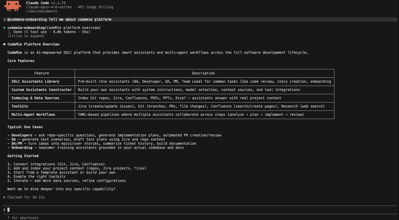 Terminal chat session with a CodeMie assistant showing a formatted platform overview response