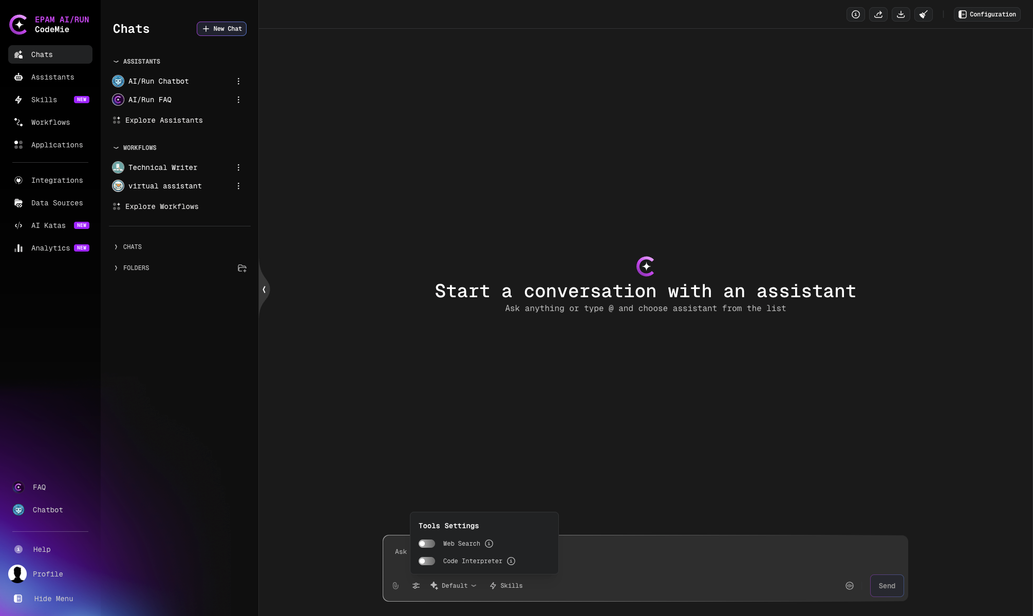 Tools Settings and LLM model selector in the chat input toolbar