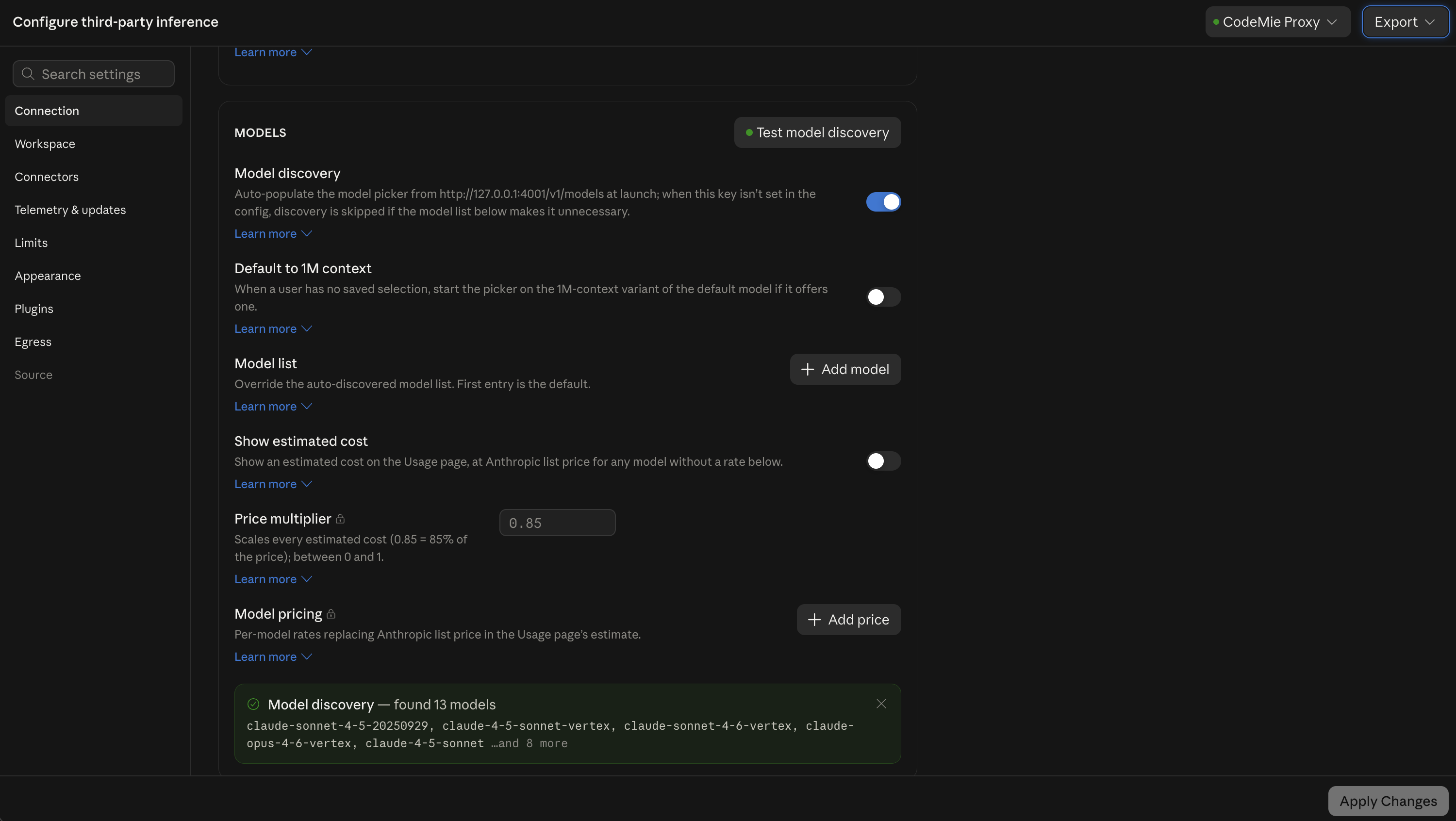 Model discovery result in Claude Desktop inference settings