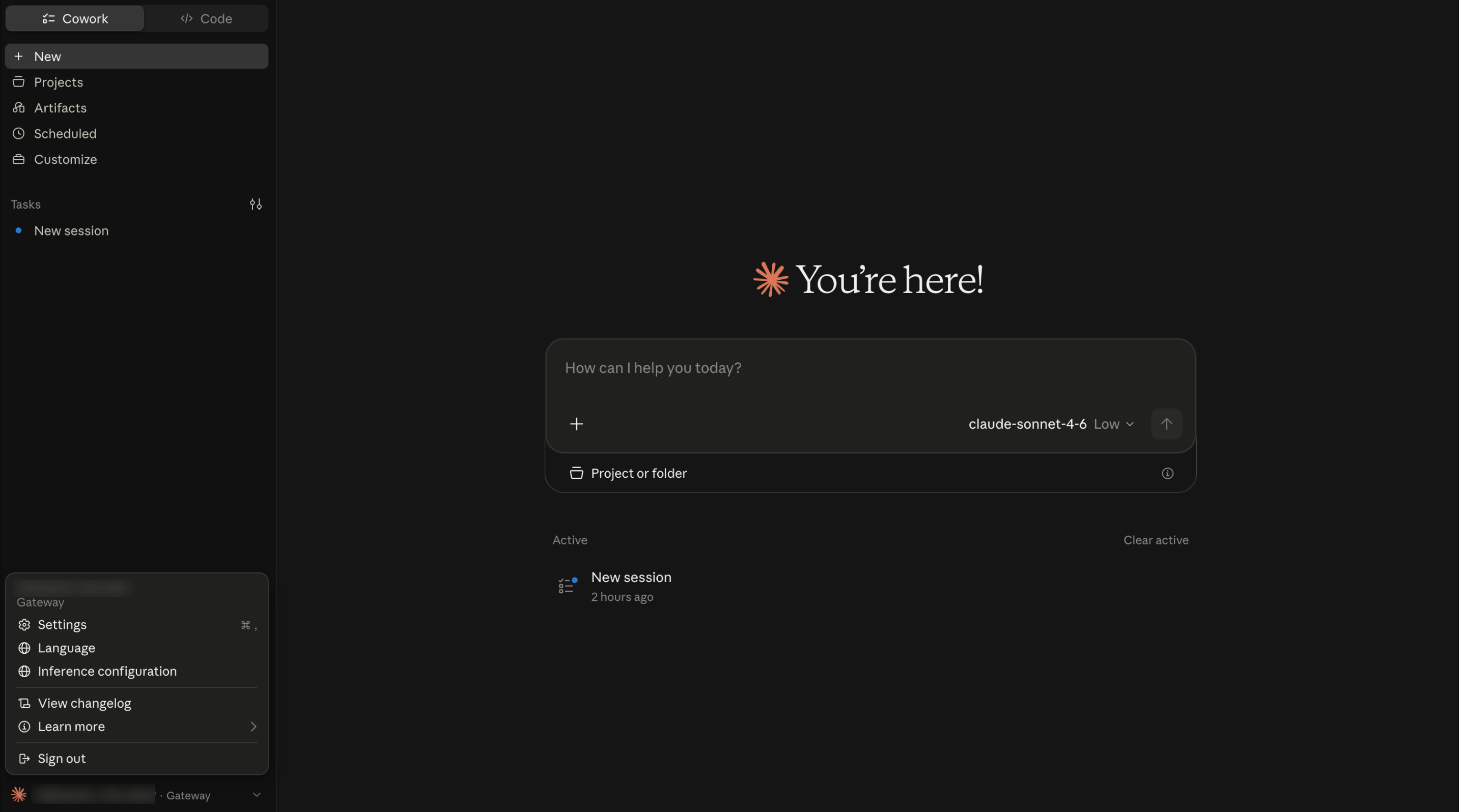 Claude Desktop main screen showing the Gateway profile and Settings menu