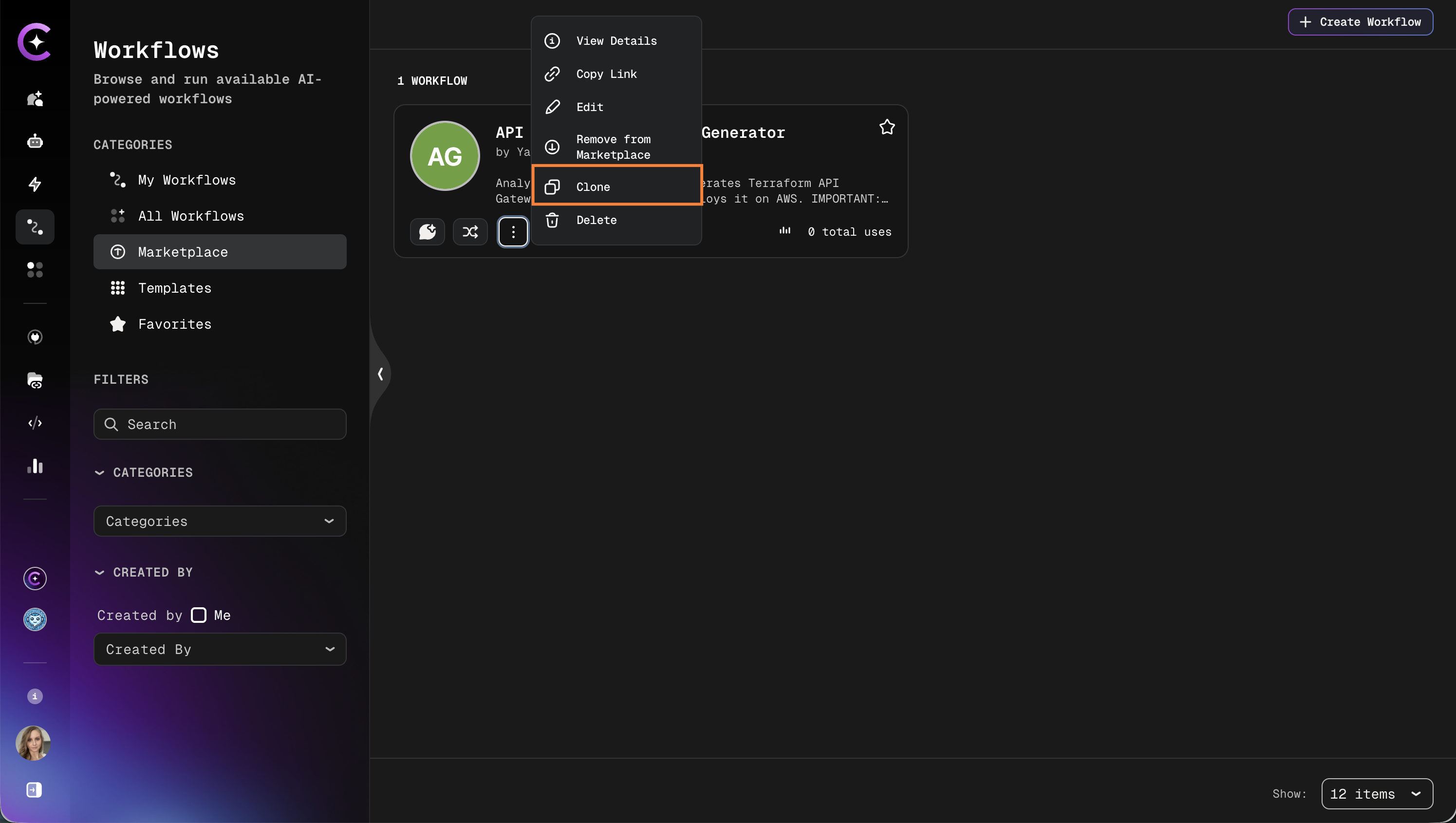 Clone button in workflow actions menu