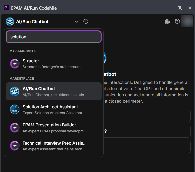 The assistant picker open in the panel, listing personal assistants and marketplace assistants