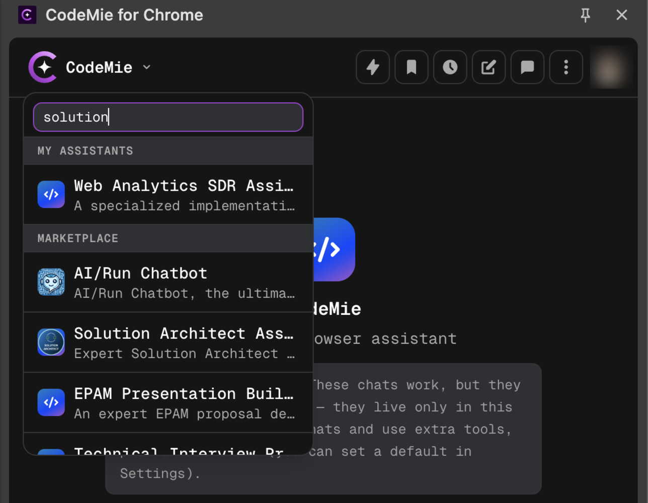 The assistant picker open in the panel, listing personal assistants and marketplace assistants