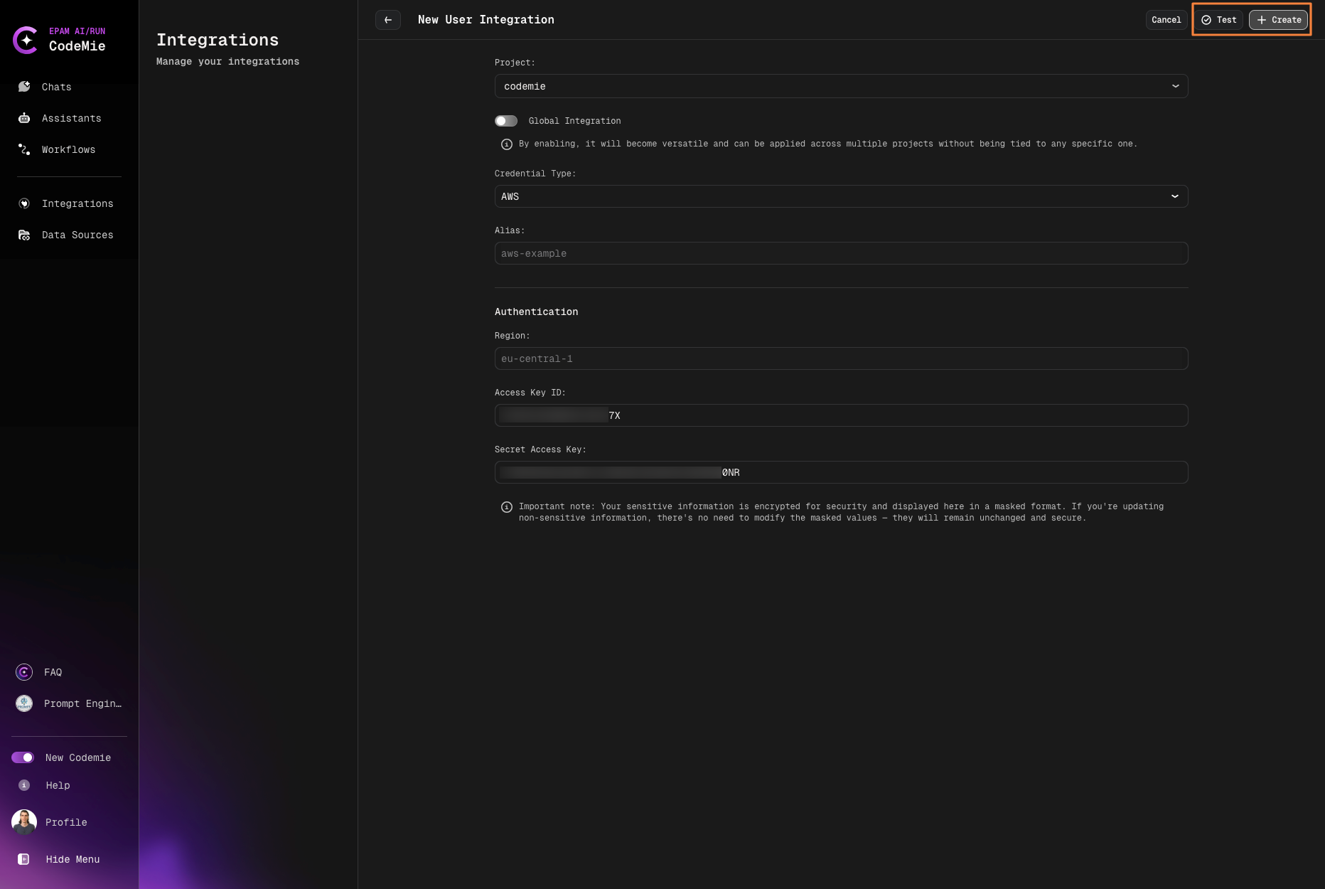 AWS Integration Create Form