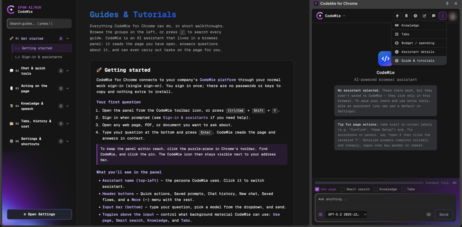 The extension's built-in Guides and Tutorials page, with the More menu open in the panel