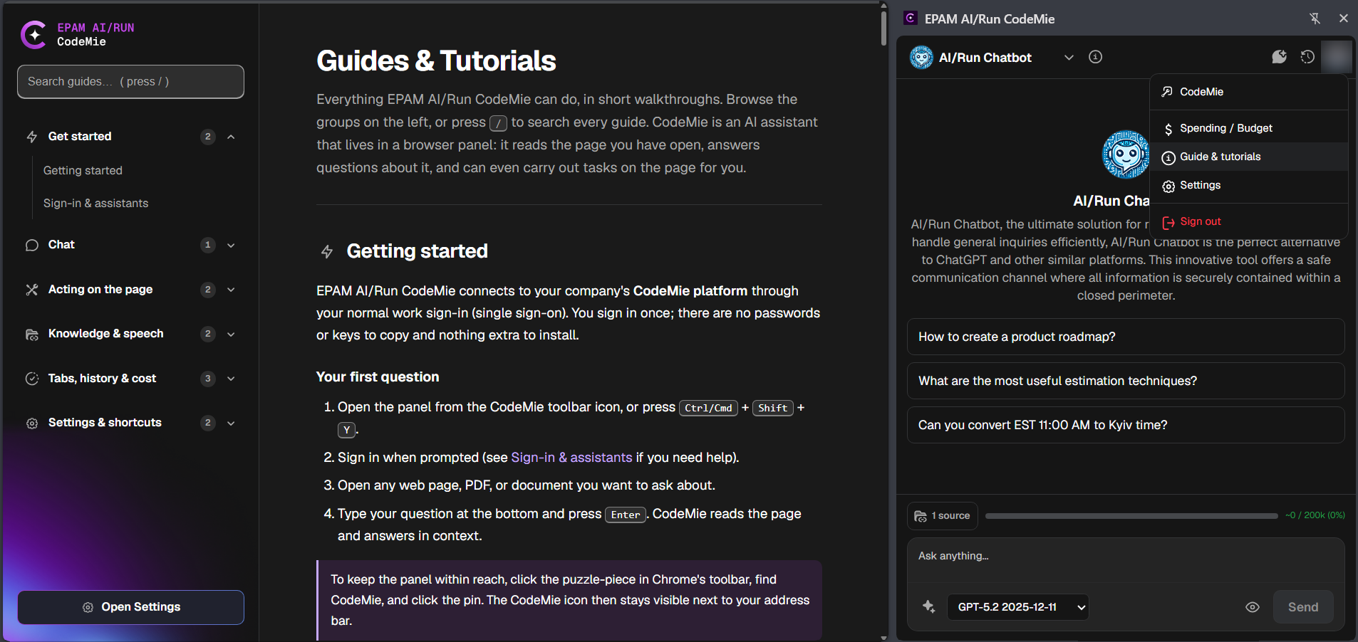 The extension's built-in Guides and Tutorials page, with the account menu open in the panel