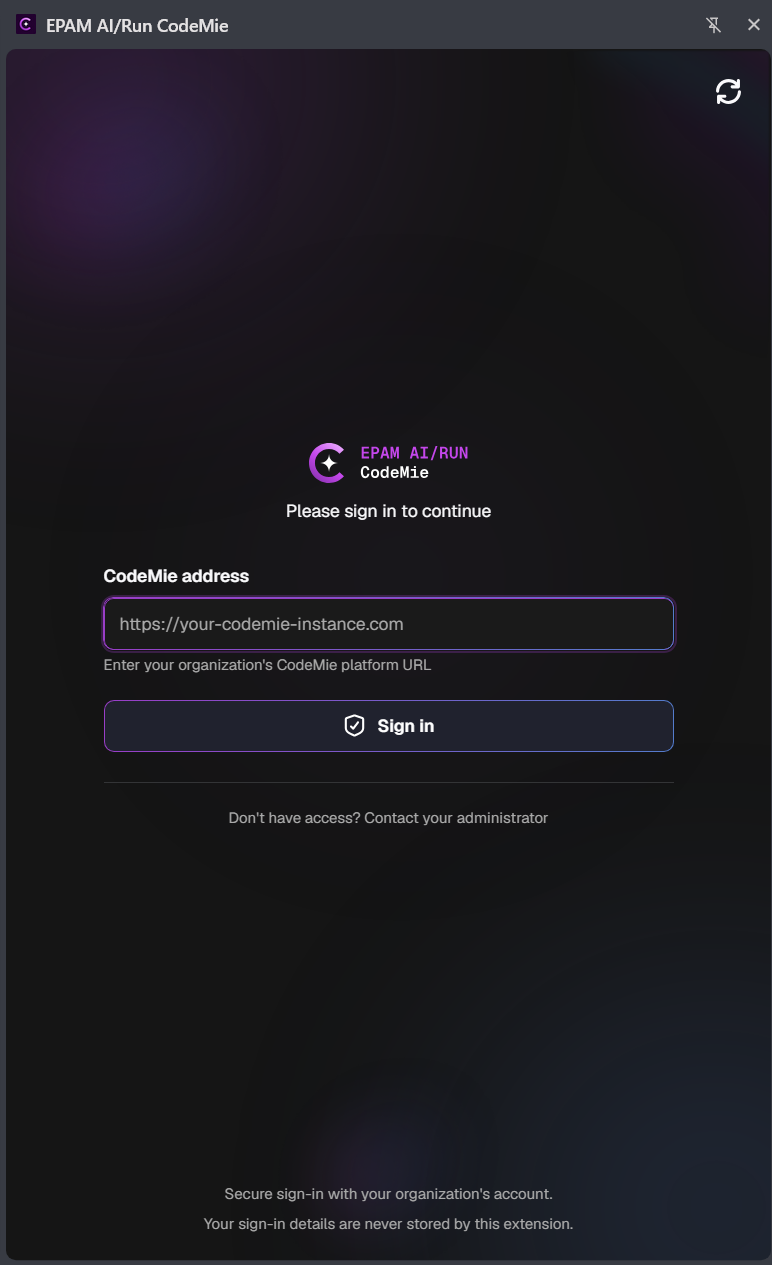 The extension's sign-in screen, showing the CodeMie address field and Sign in button