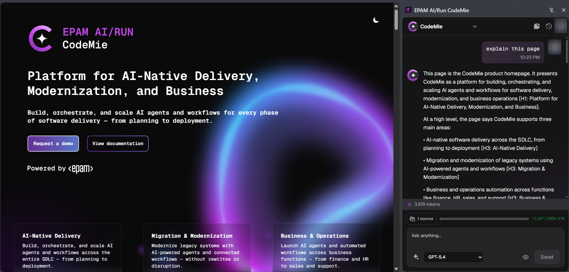 The CodeMie side panel open beside a web page, answering a question about that page