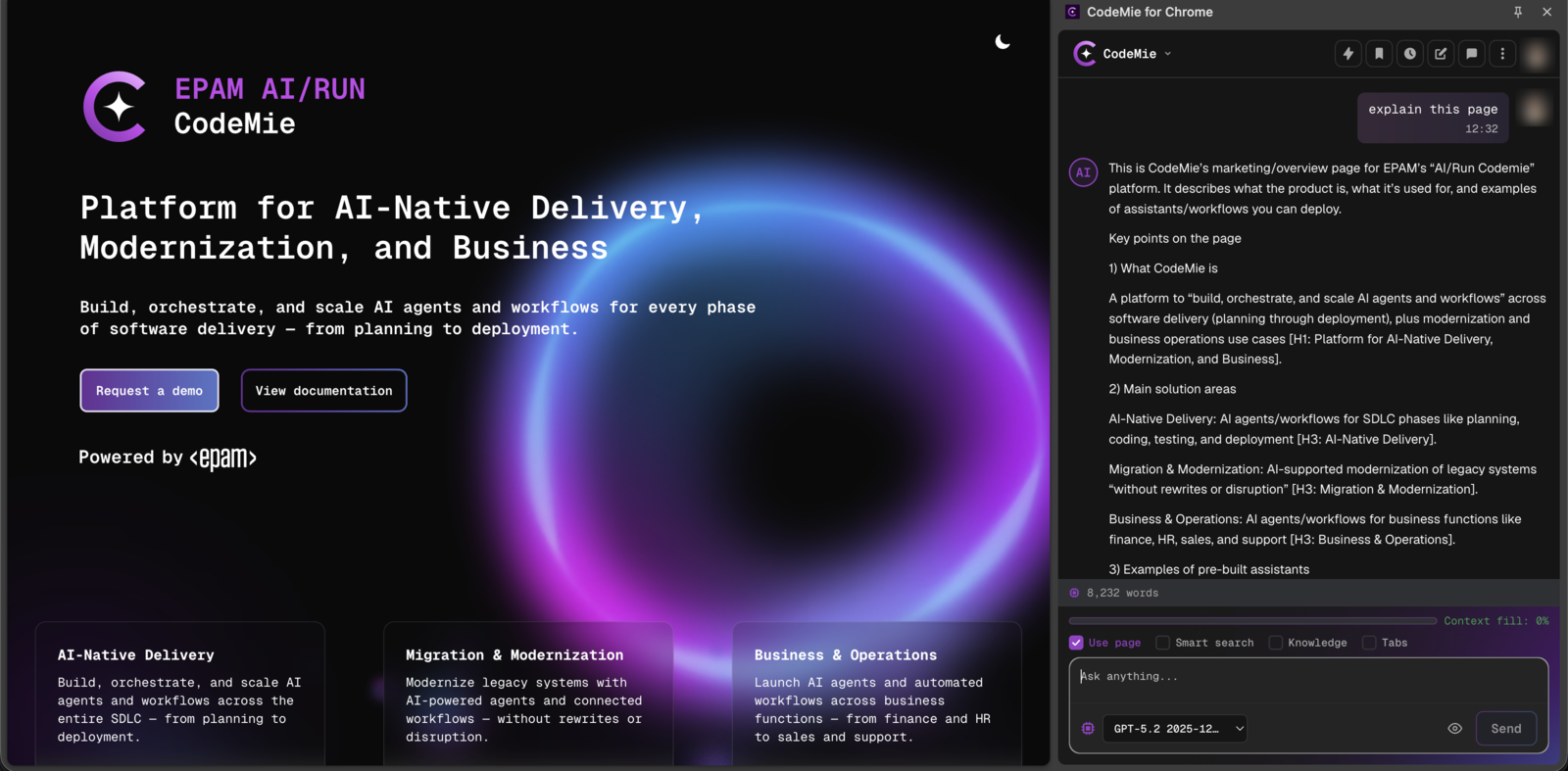 The CodeMie side panel open beside a web page, answering a question about that page
