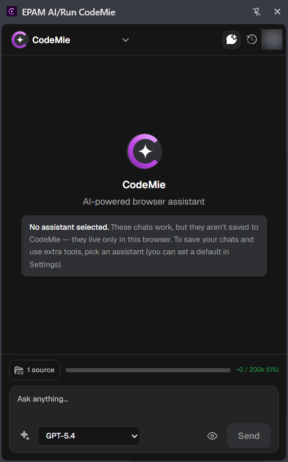 The CodeMie panel showing the context toggles, model picker, and input bar