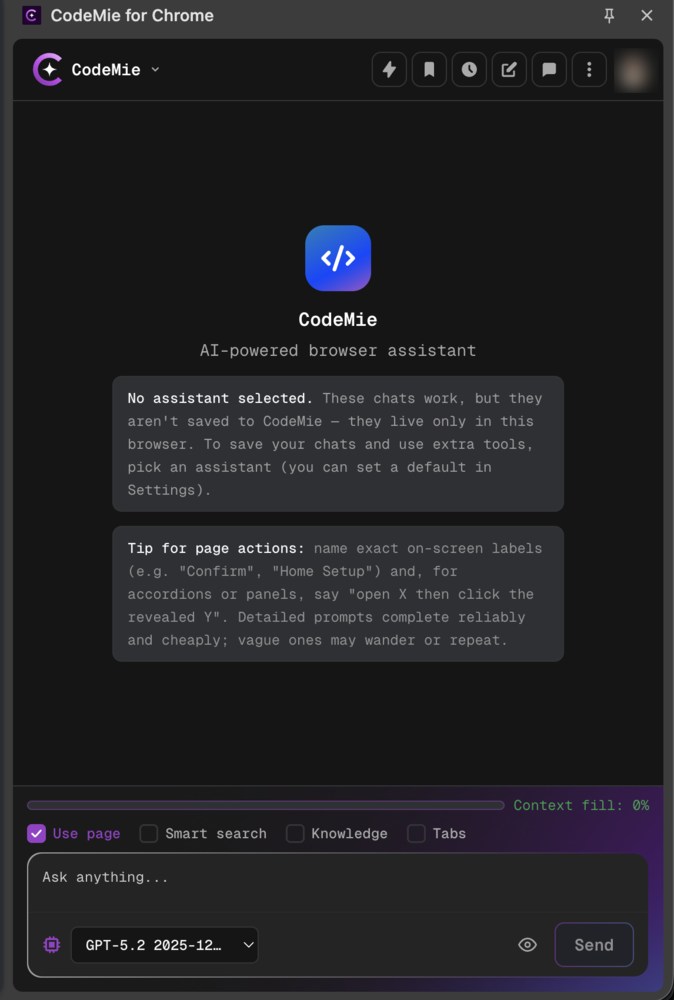 The CodeMie panel showing the context toggles, model picker, and input bar