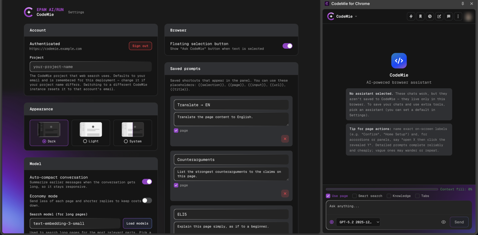 The extension settings page, showing the authenticated account and instance URL alongside the panel