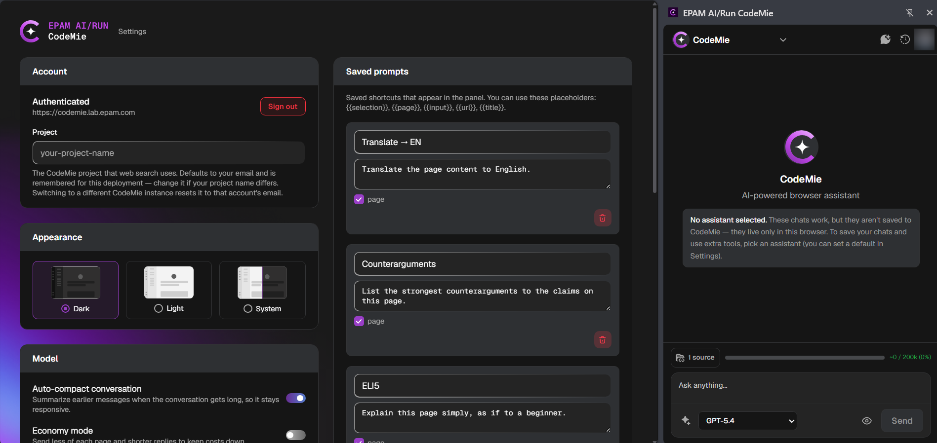 The extension settings page, showing account, appearance, and model sections alongside the panel