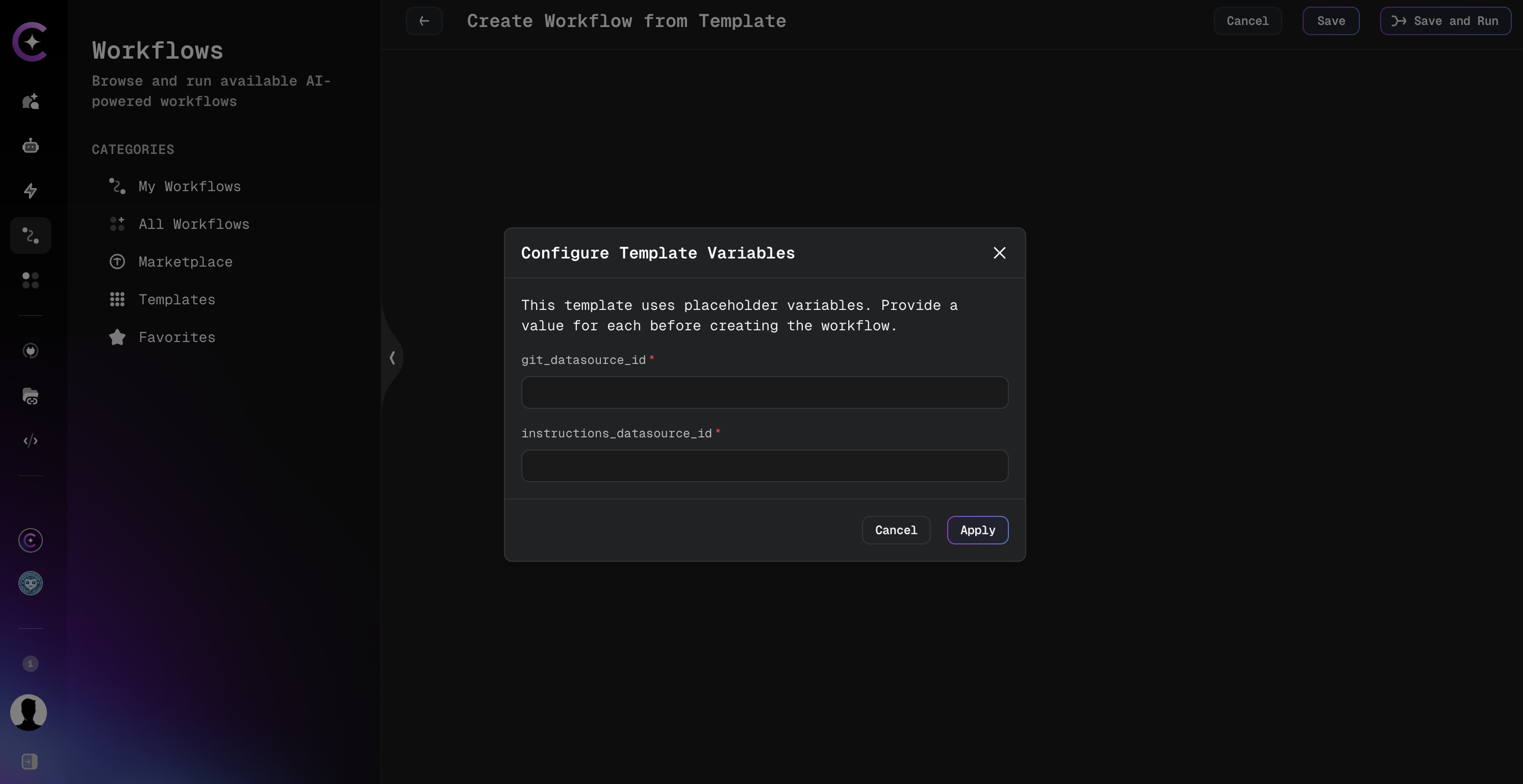Configure Template Variables dialog