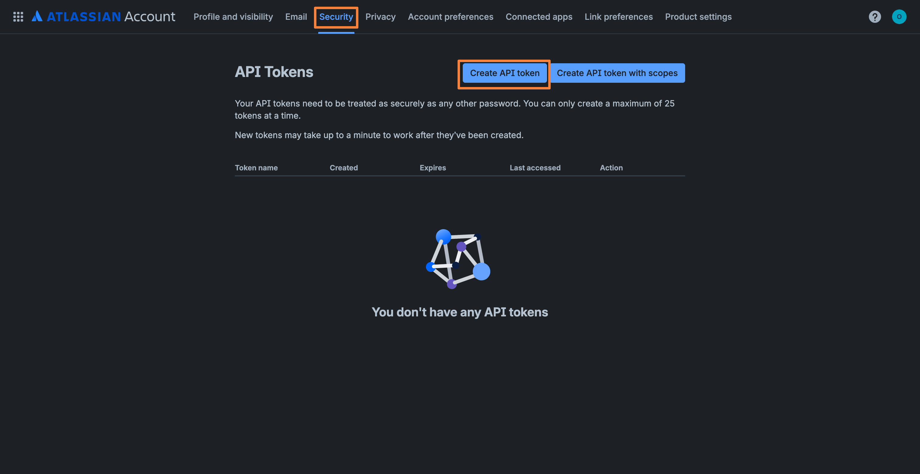 Atlassian Account — API Tokens page
