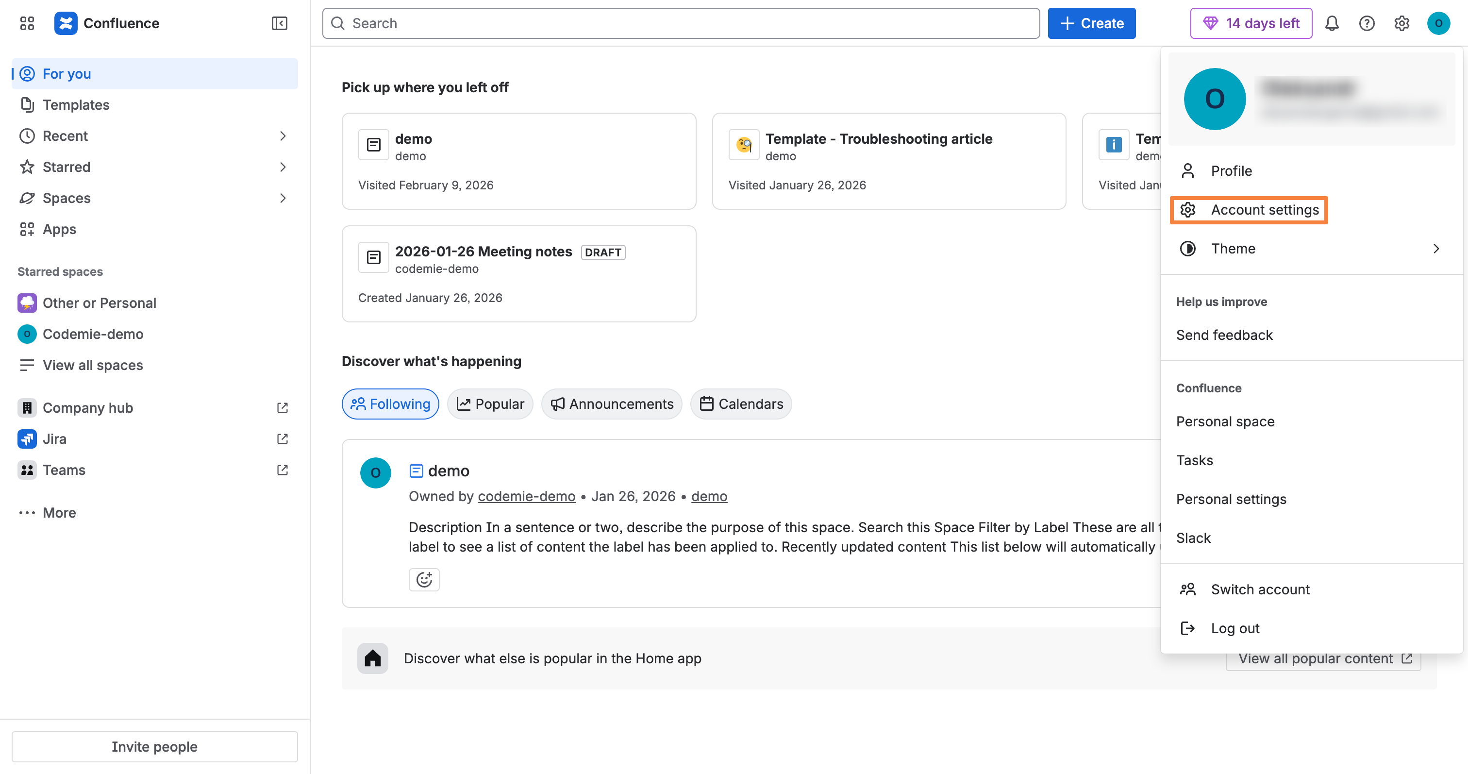 Confluence Cloud — Account settings