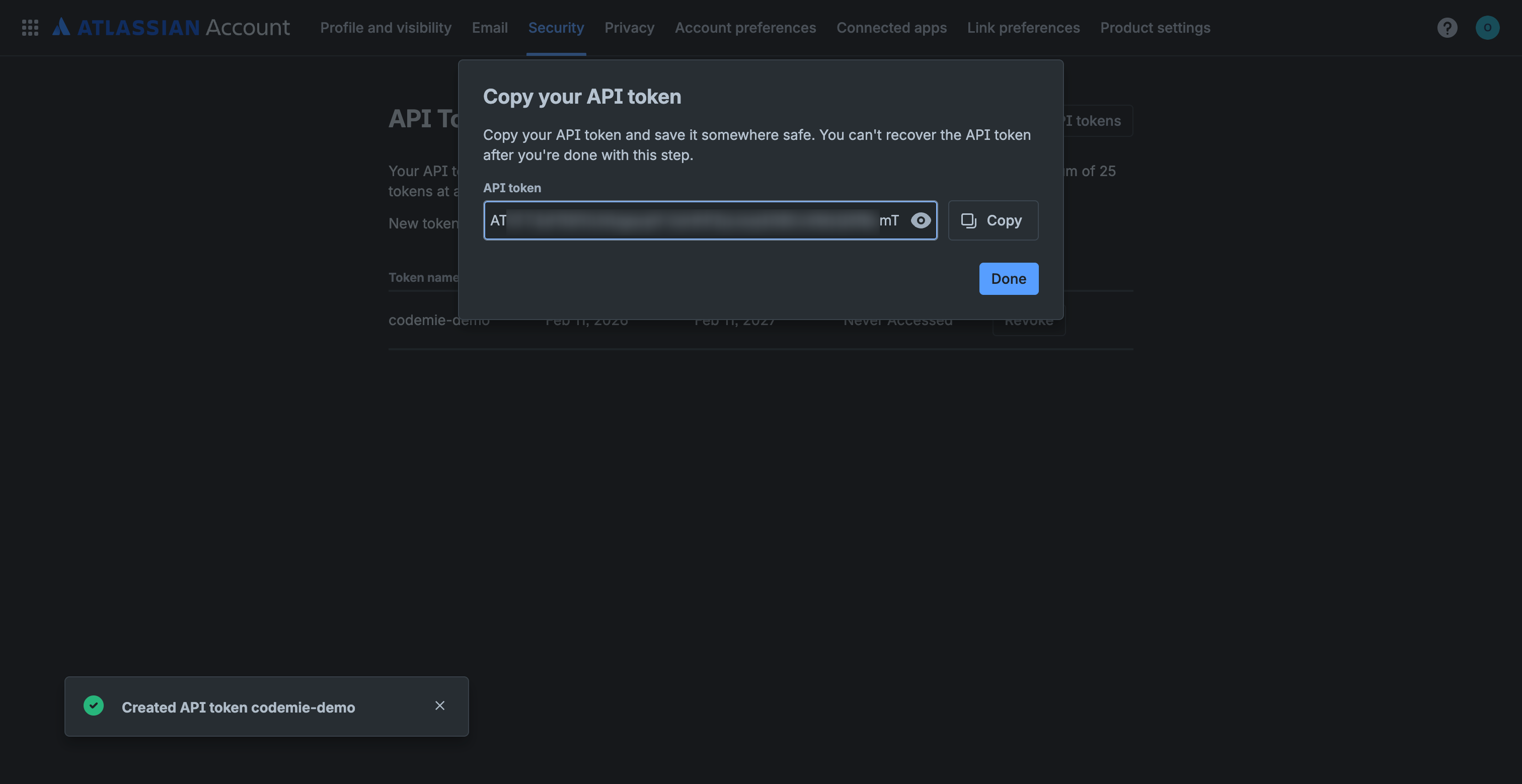 Copy your API token dialog
