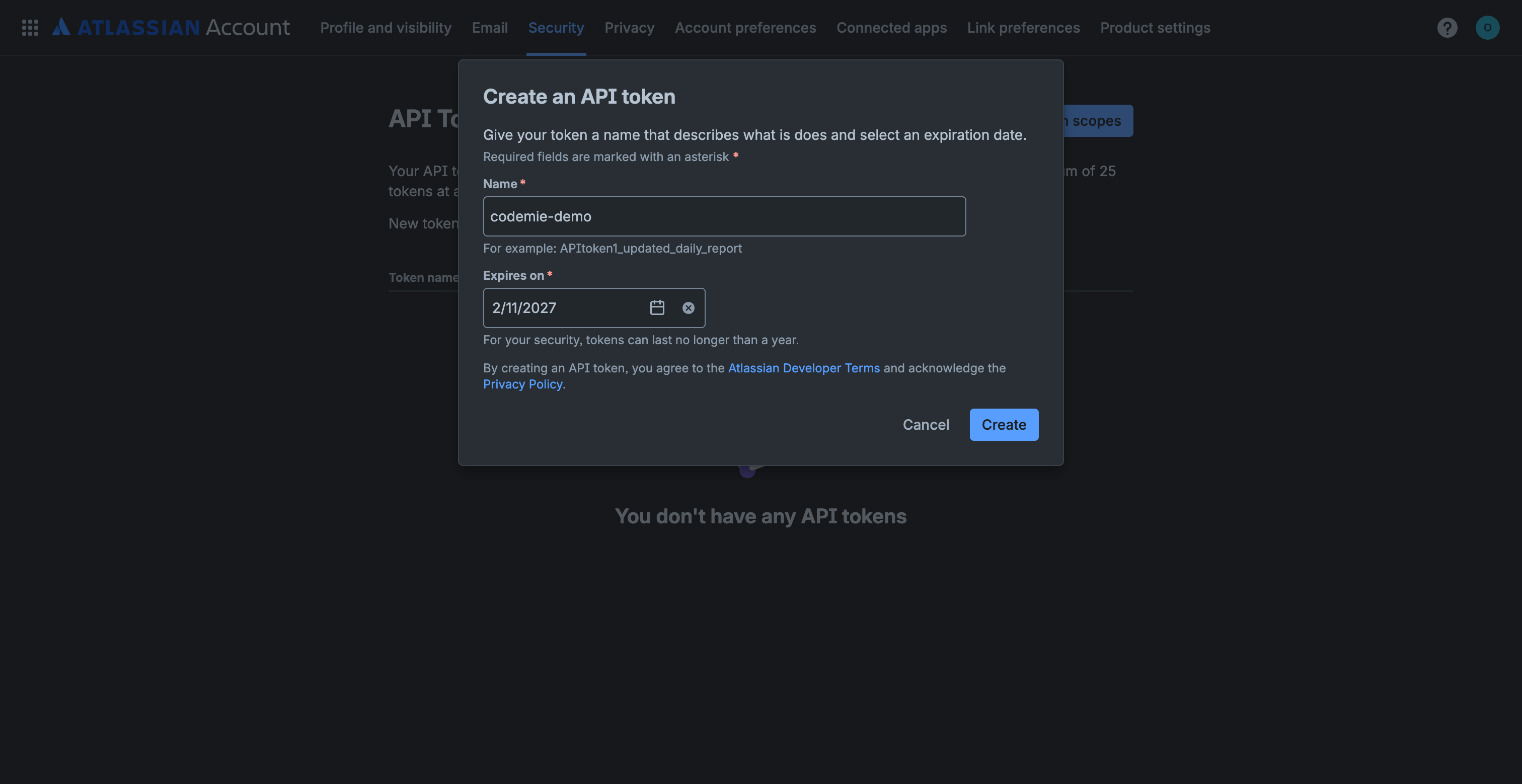 Create an API token dialog