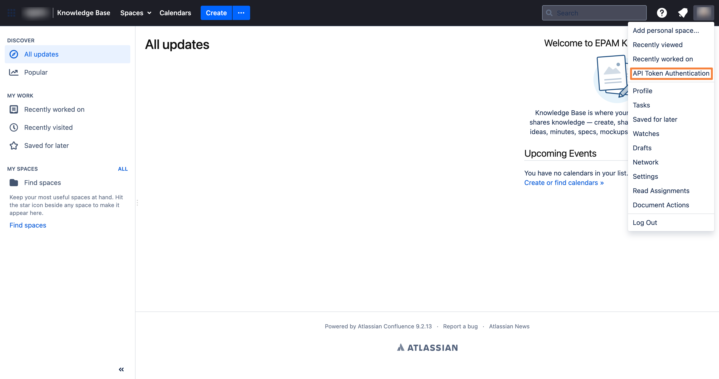 Confluence Self-hosted — API Token Authentication menu