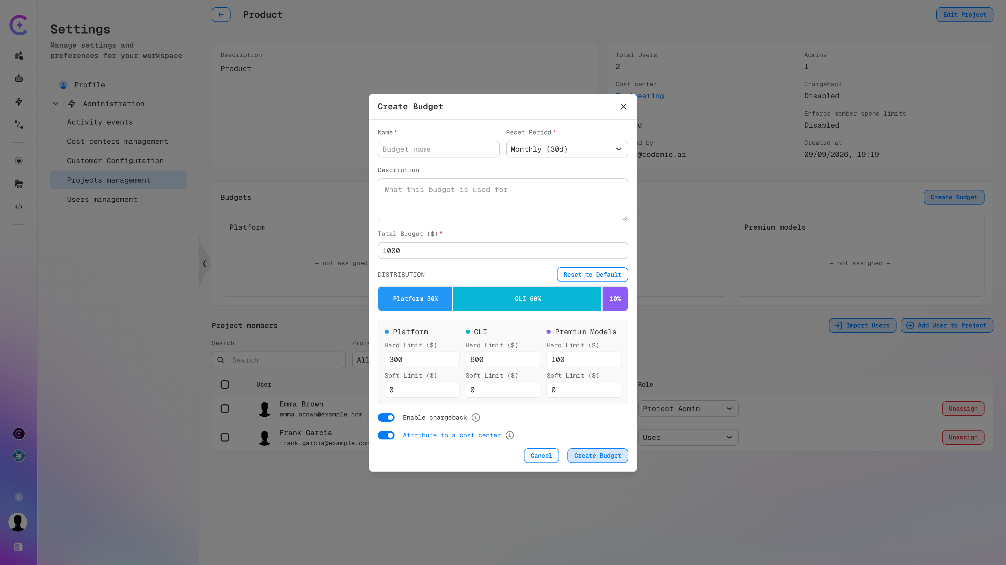 Create Budget dialog with chargeback and cost center attribution enabled