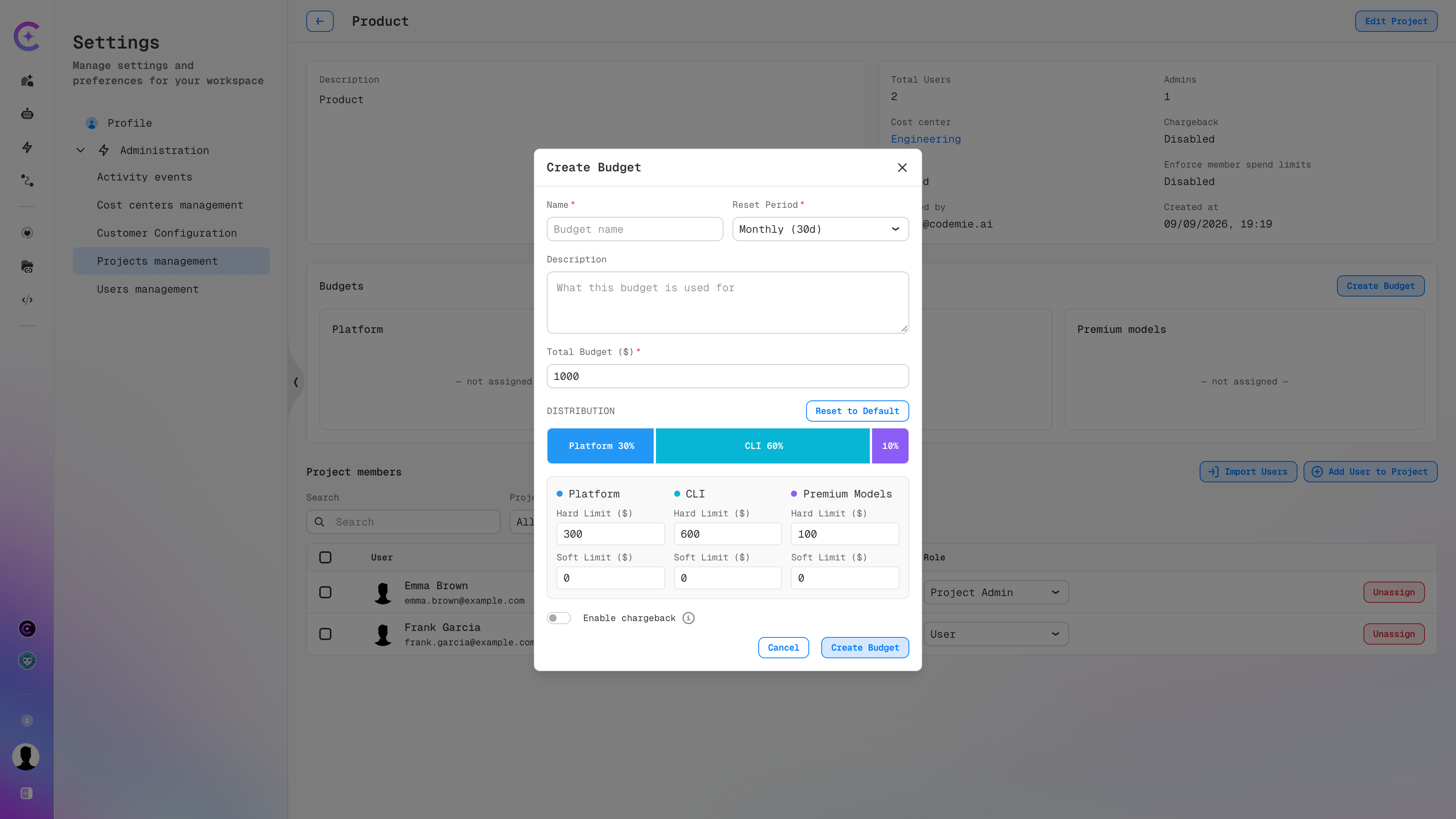 Create Budget dialog with total budget and category distribution