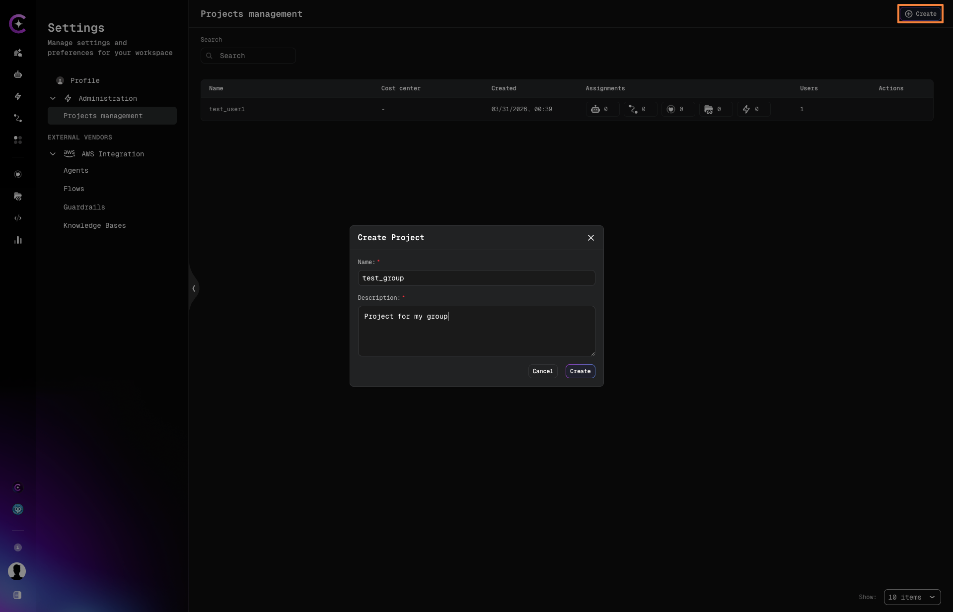 Create Project dialog