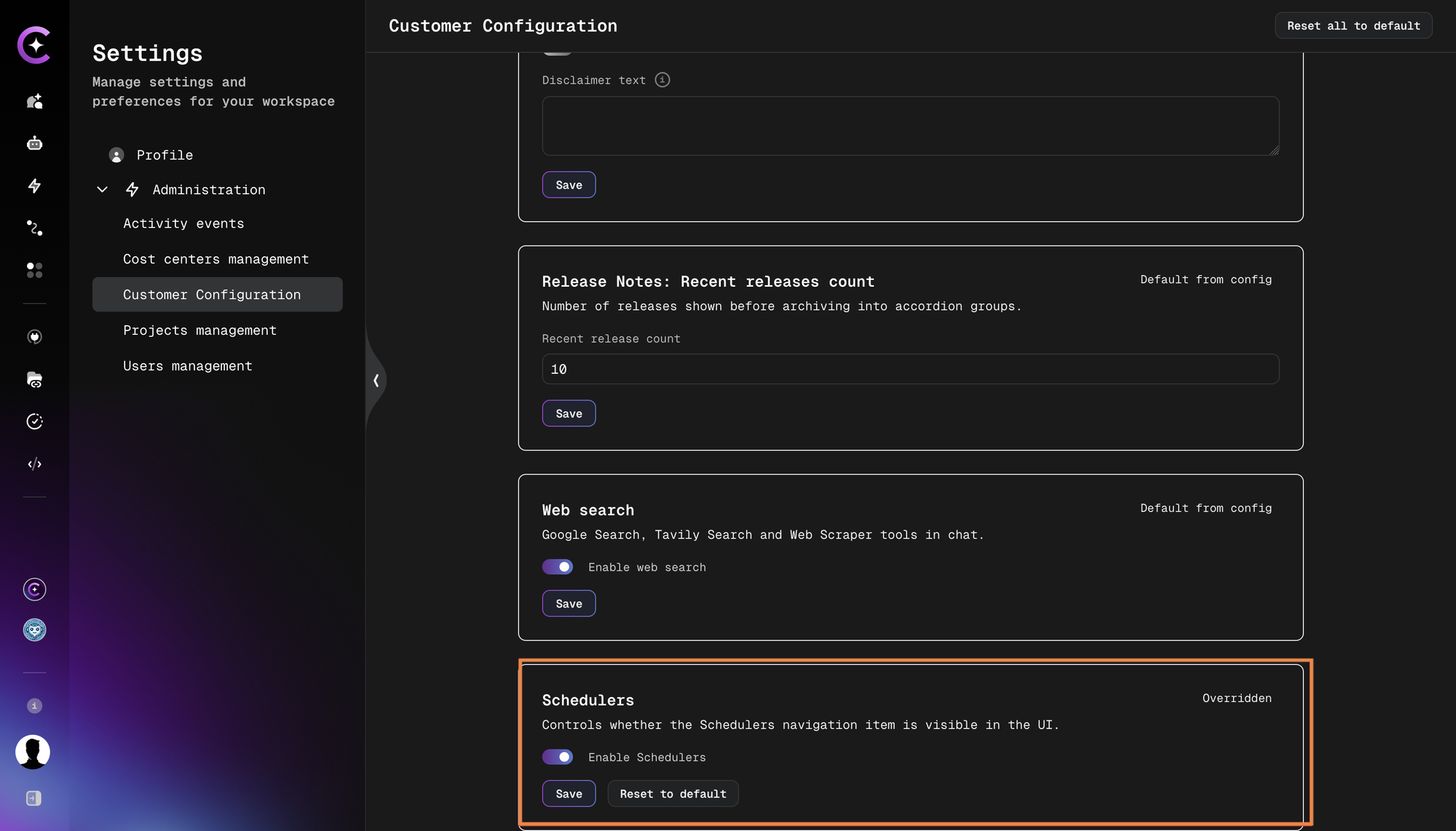 Schedulers feature flag in Customer Configuration UI