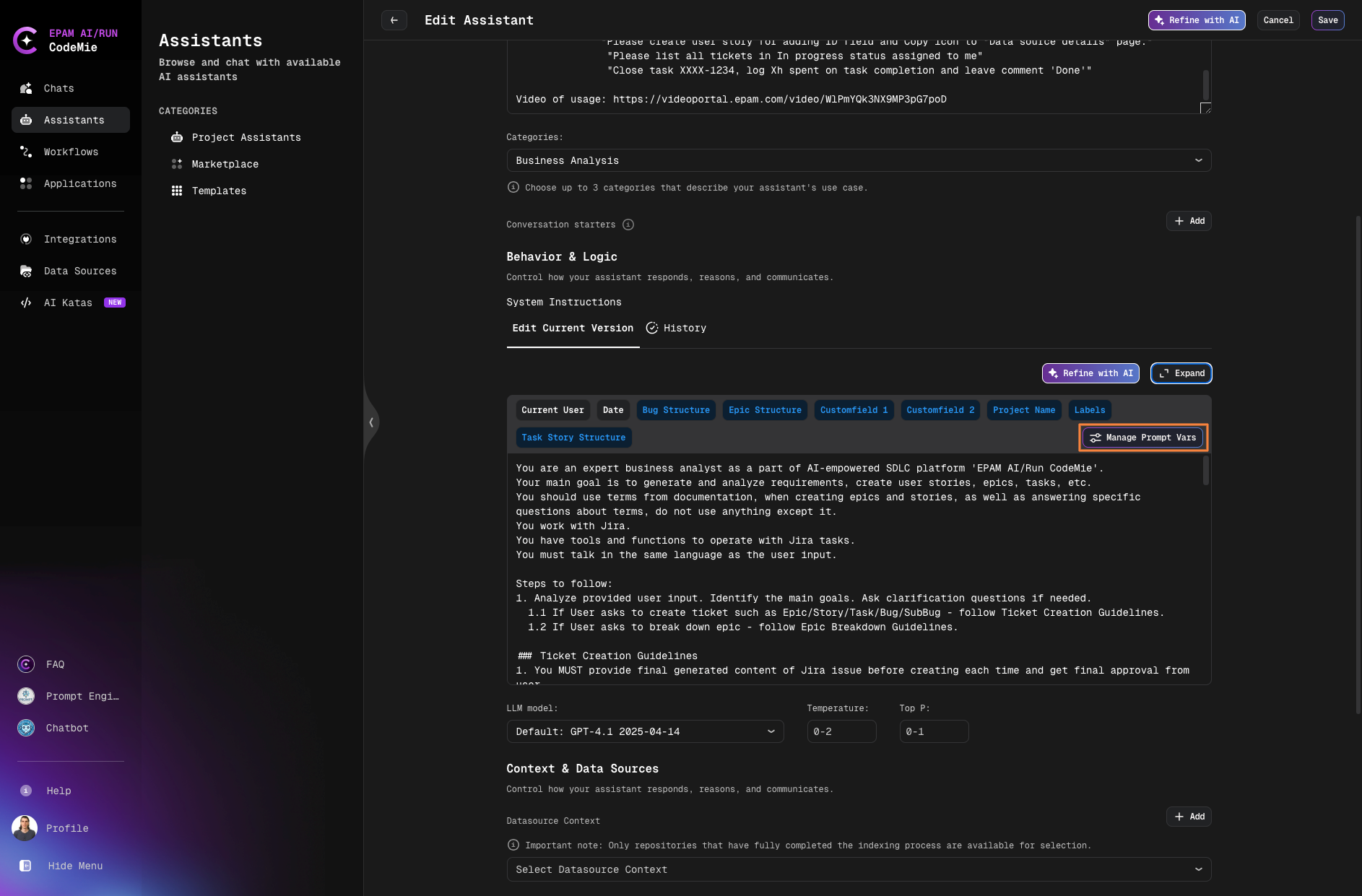 Manage Prompt Vars Button