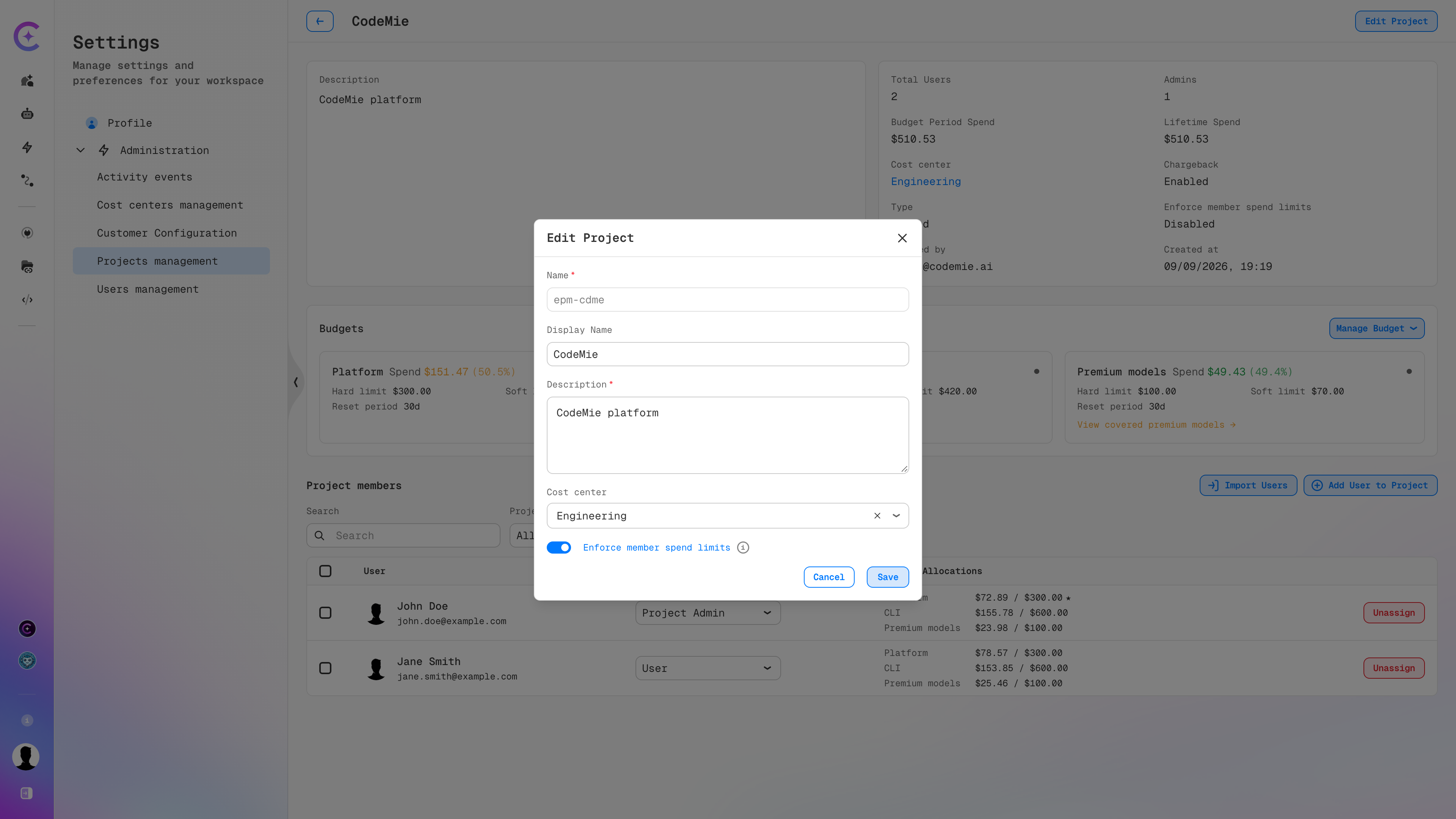 Edit Project dialog with the enforce member spend limits toggle