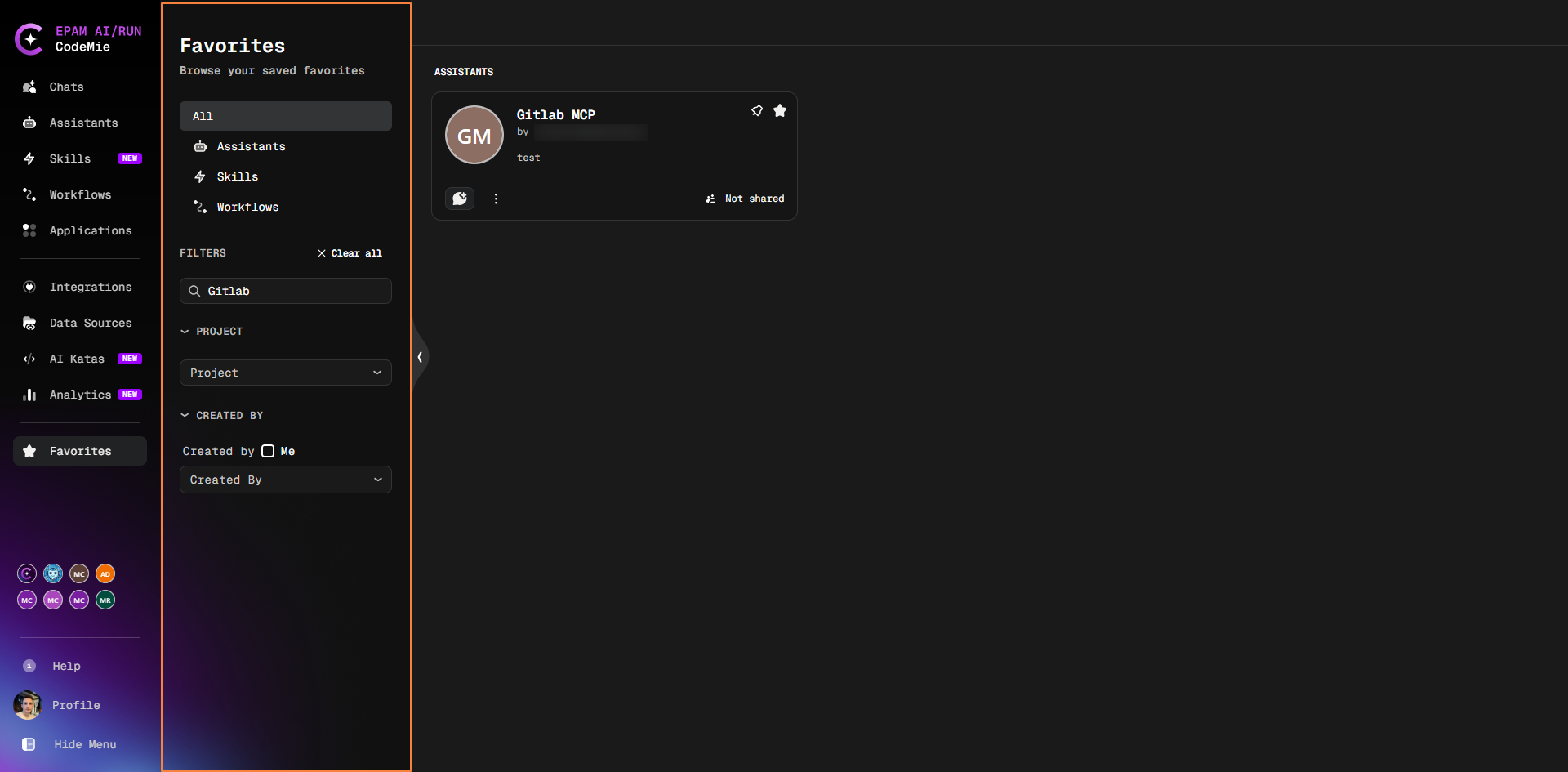 Favorites page filtered to Skills with a search applied