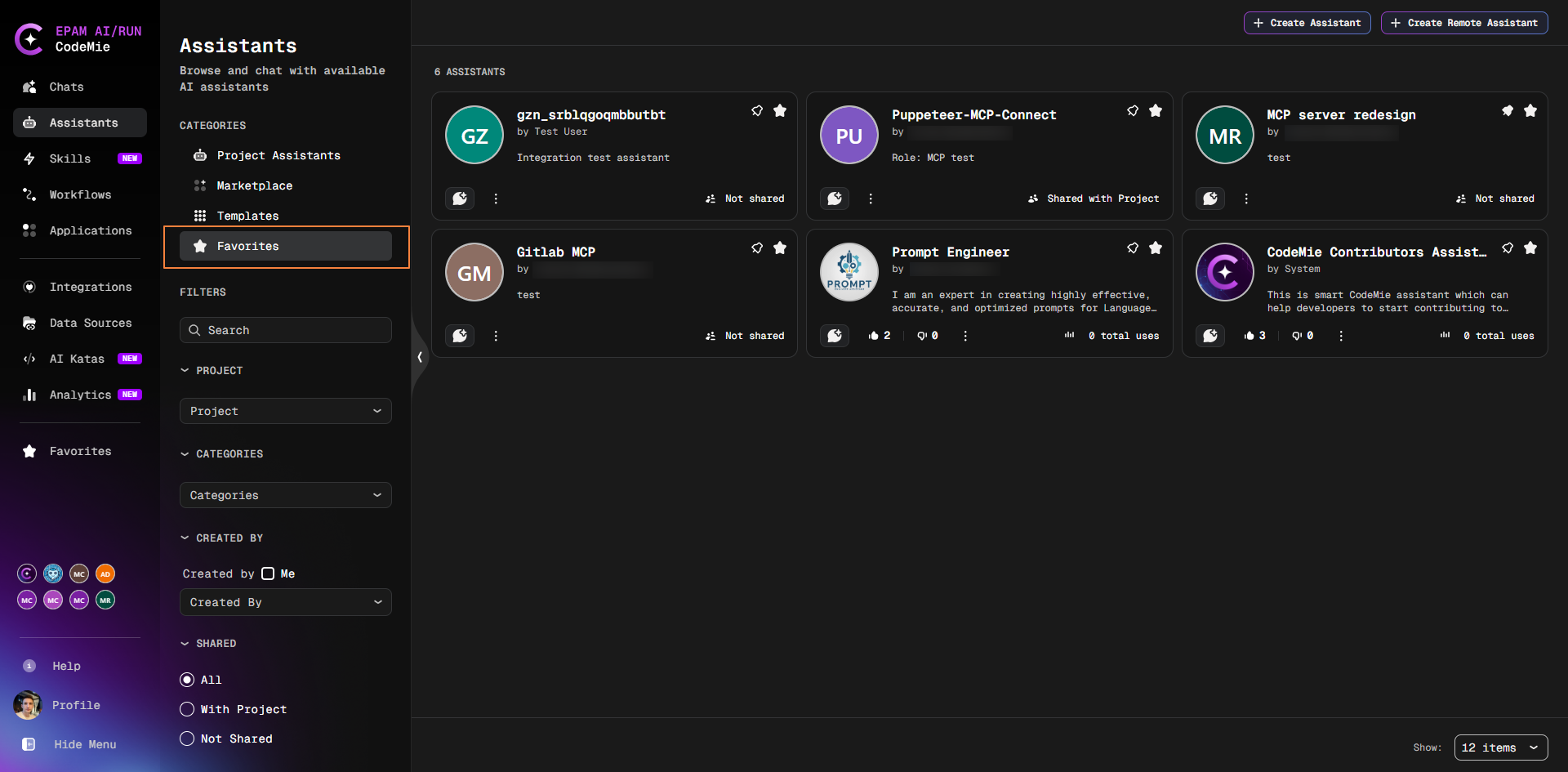 Favorites tab in the Assistants section